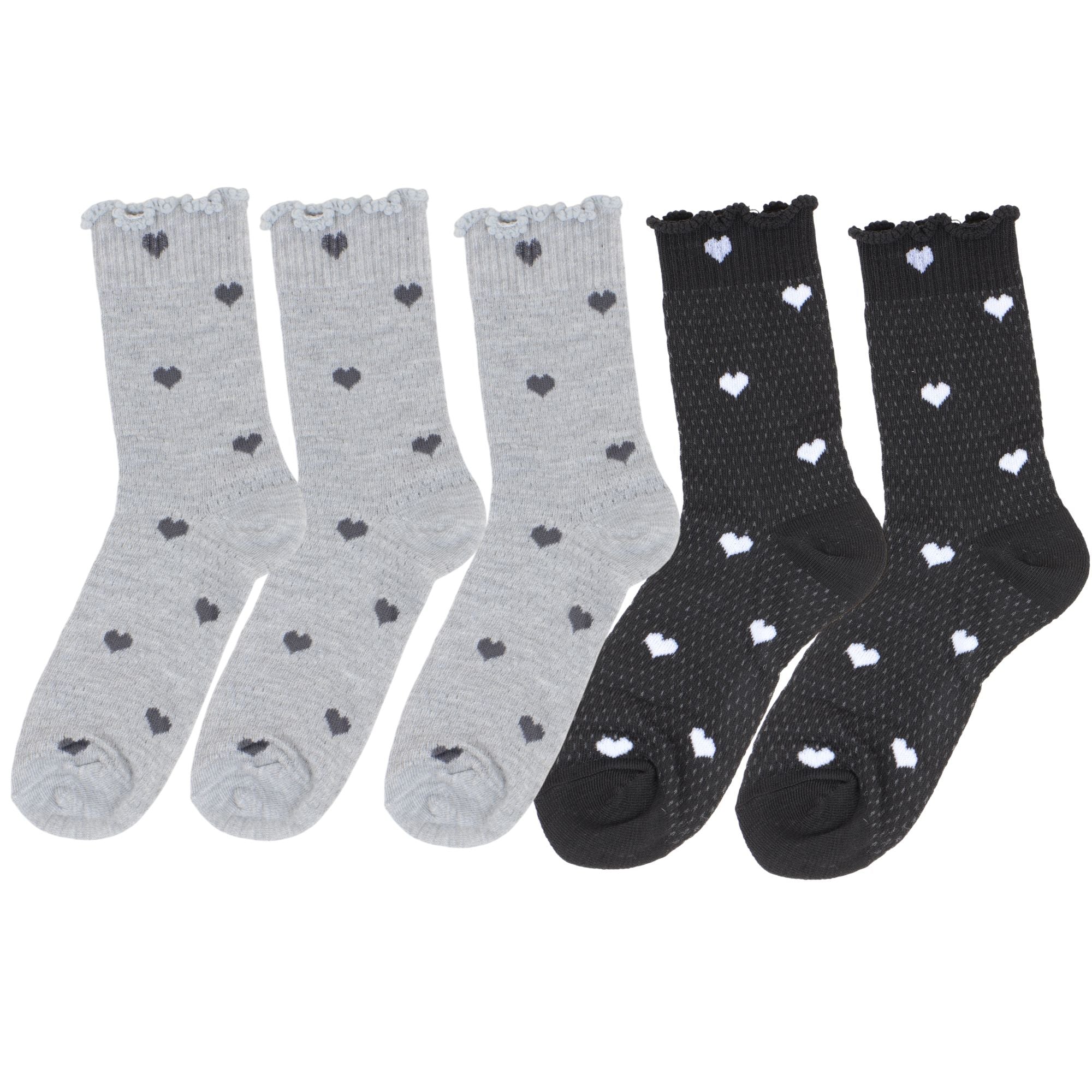 Anna-Kaci Women's 5-Pair Set Frilly Crew Socks with Valentine Heart Pattern and Ruffle Trim Breathable Knit Design for Flats or Loafers