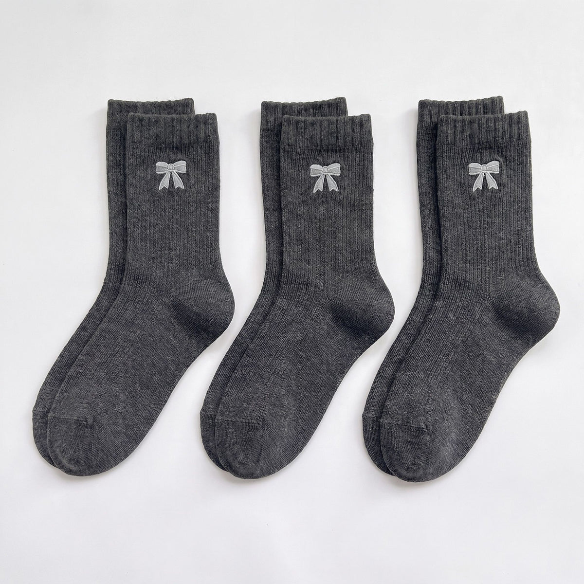 3-Pair Bow Embroidered Crew Socks Set, Ribbed Knit Casual Hosiery