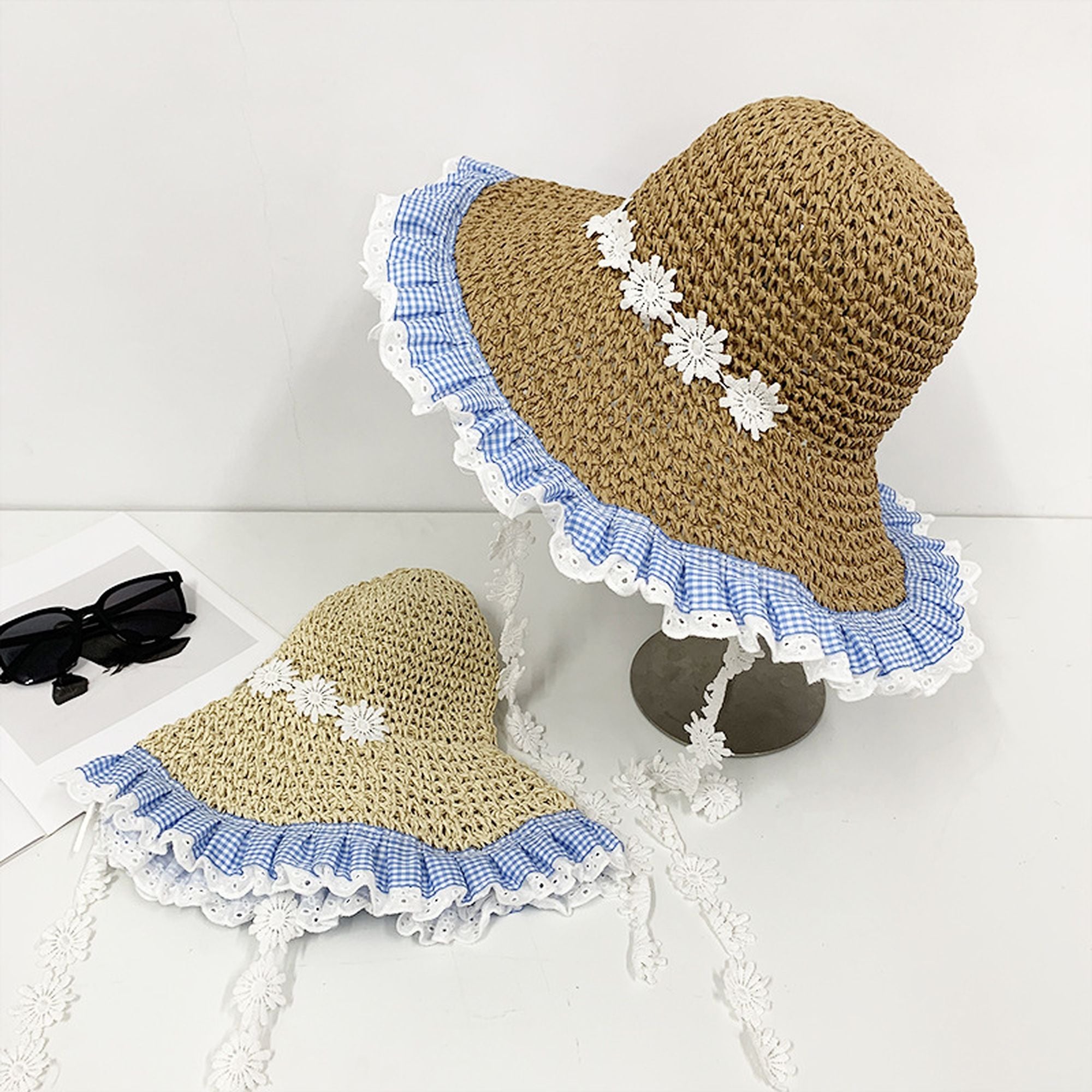 Anna-Kaci Women's Straw Sun Hat with Gingham & Lace Trim