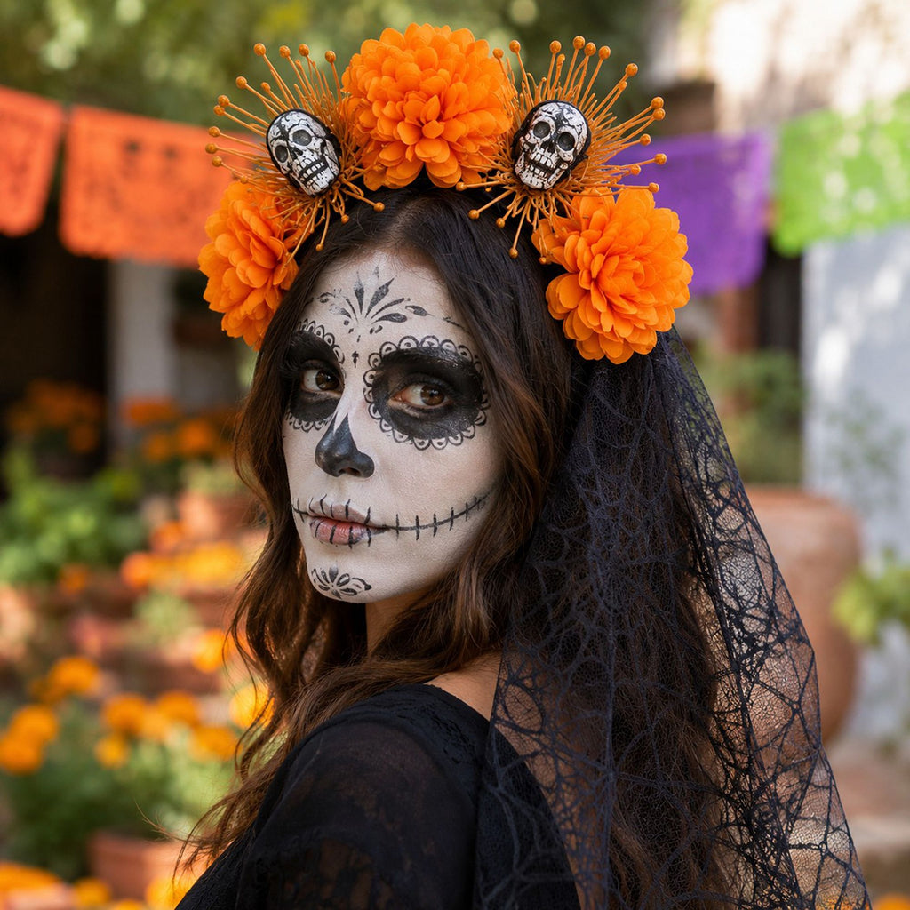 Halloween Floral Skull Headband with Spiderweb Lace Veil