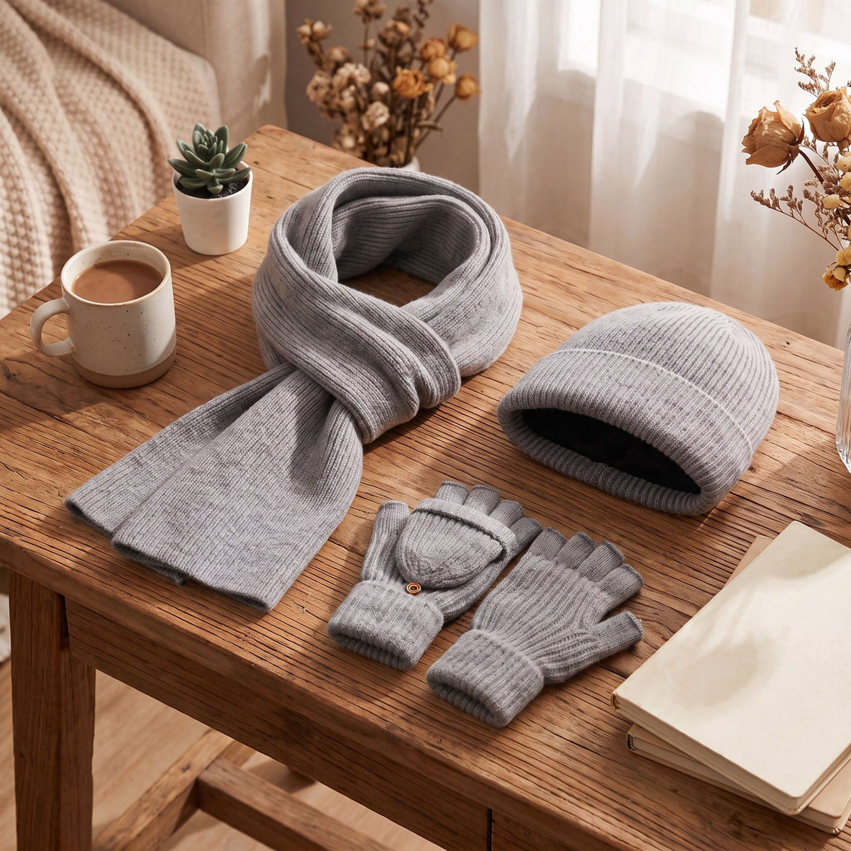 3 Piece Beanie Scarf and Convertible Fingerless Gloves Winter Set