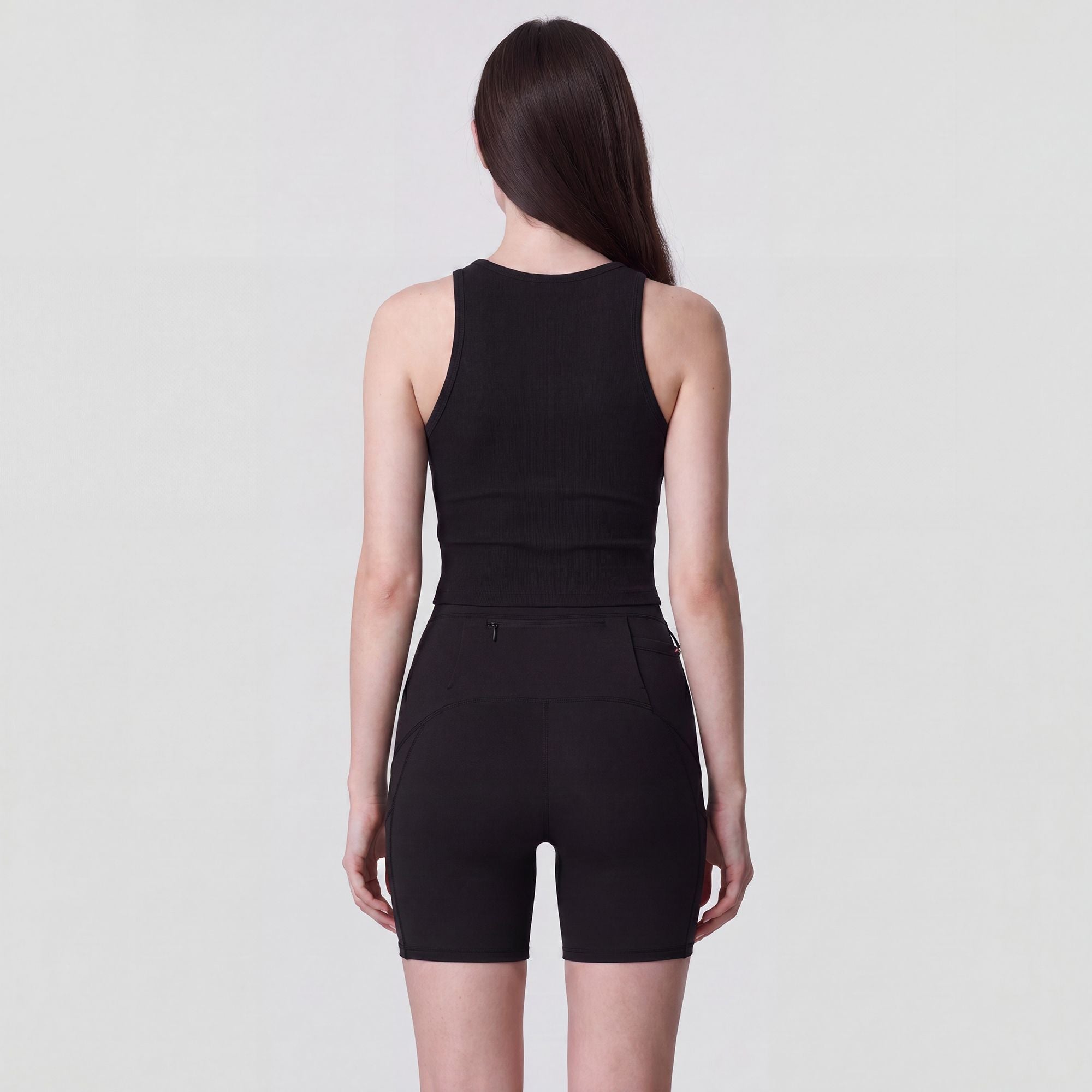 High Waist Ribbed Biker Shorts with Side Pocket and Adjustable Drawcord Detail