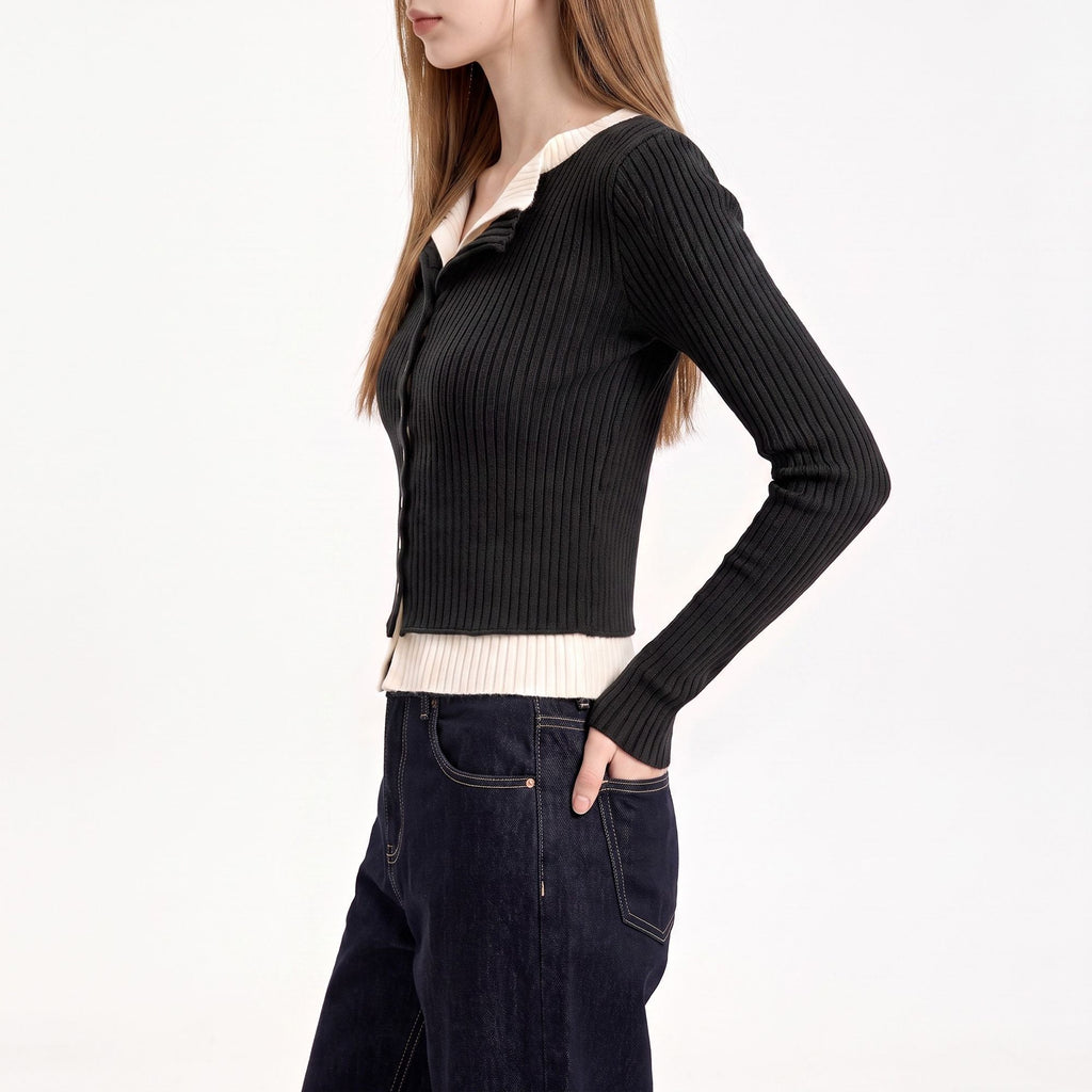 Layered Collar Ribbed Button-Front Cardigan Sweater