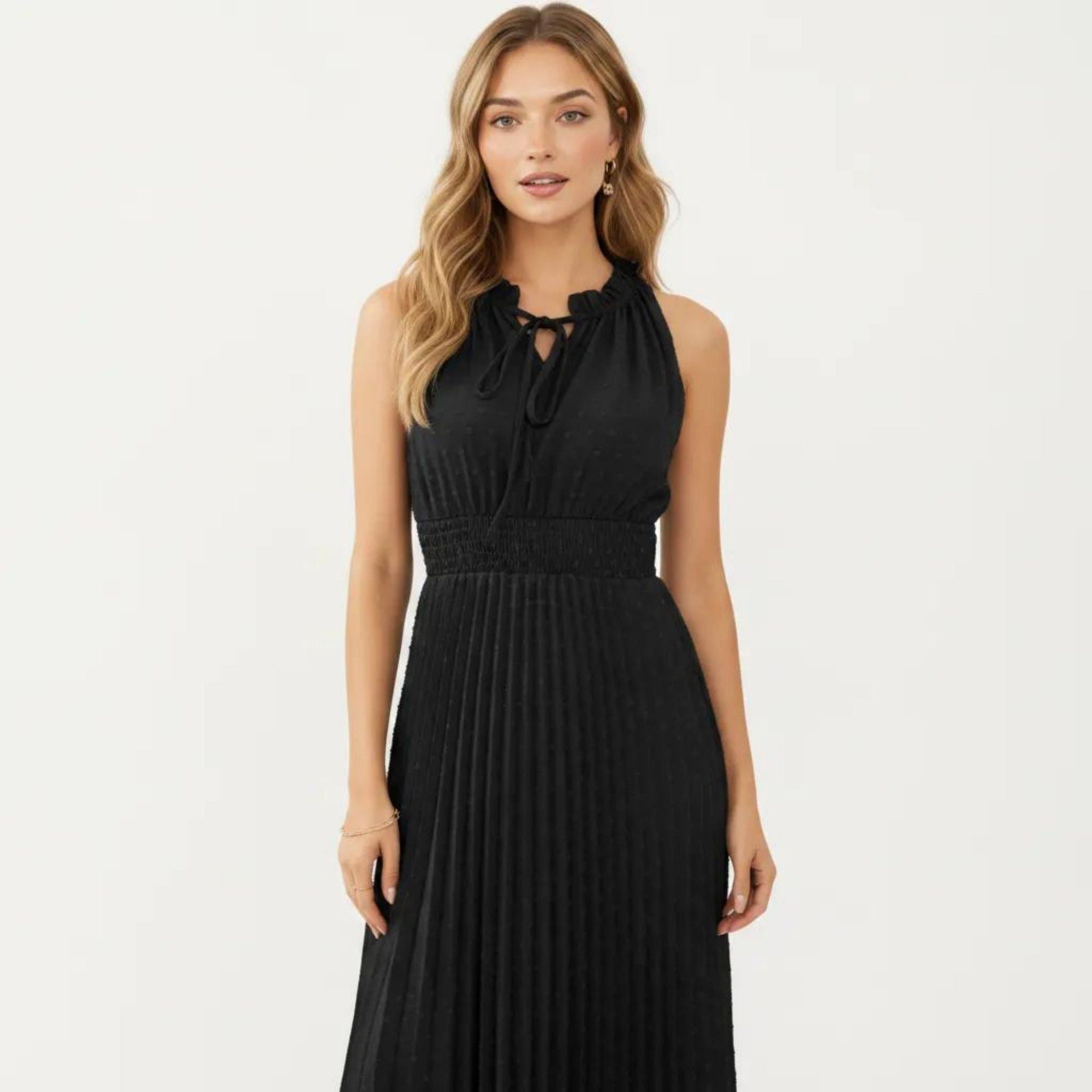 Anna-Kaci Women's Sleeveless Midi Dress with Pleated Skirt and Tie Neck Detail