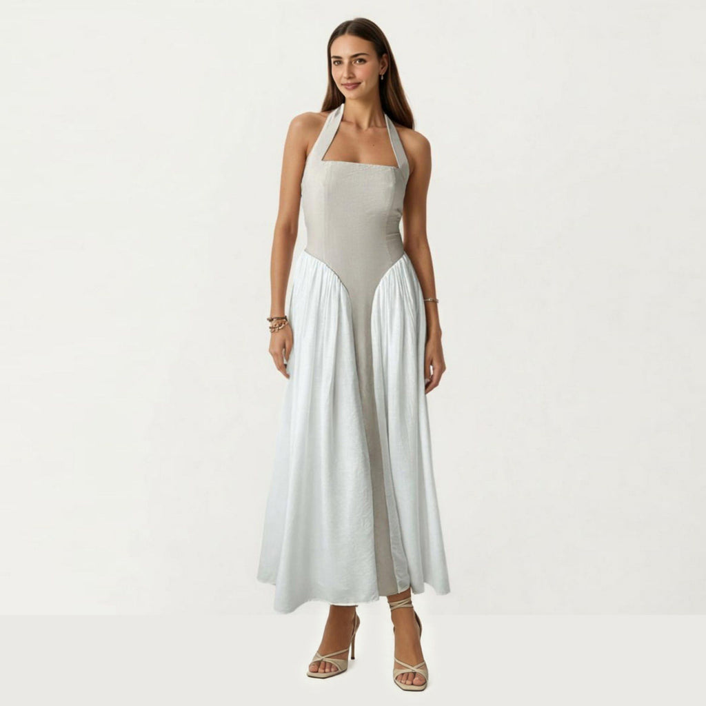 Anna-Kaci Women's Color Block Halter Neck Smocked Back Maxi Dress