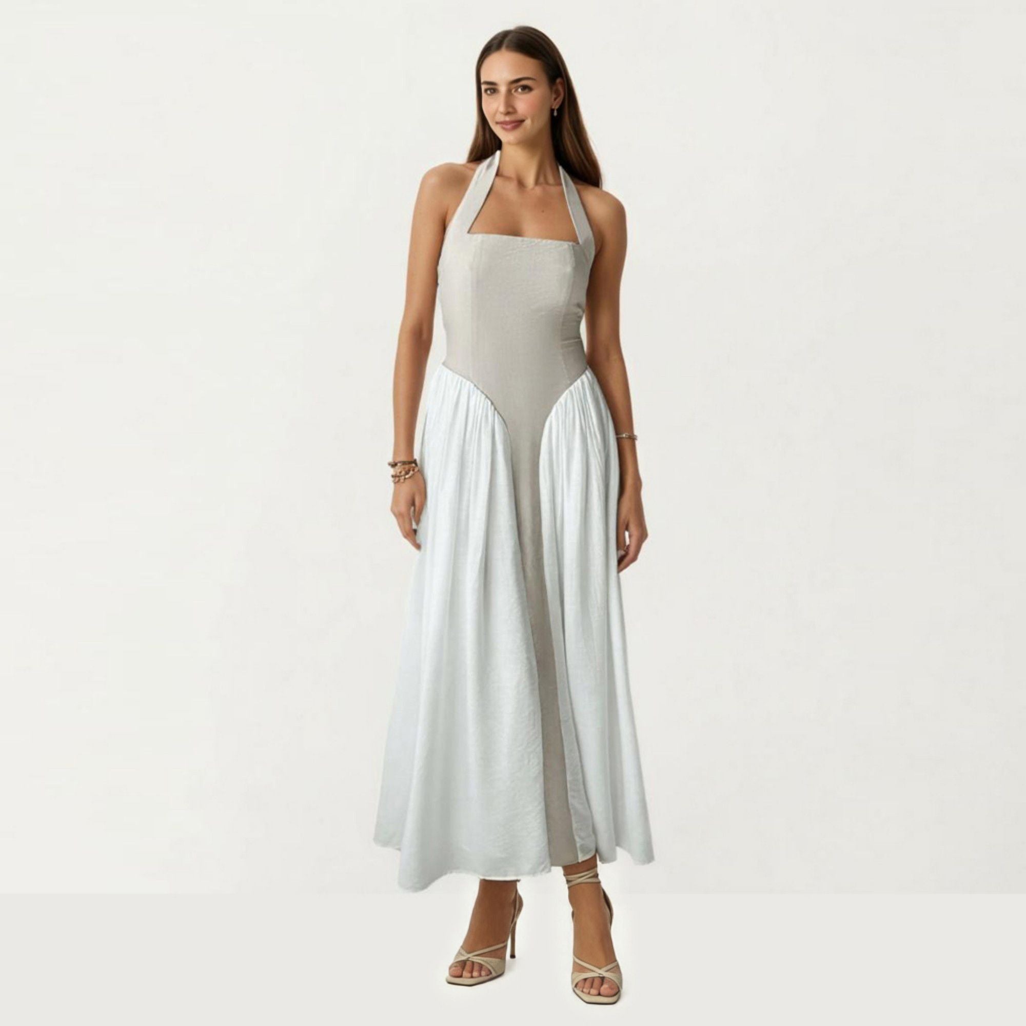 Anna-Kaci Women's Color Block Halter Neck Smocked Back Maxi Dress