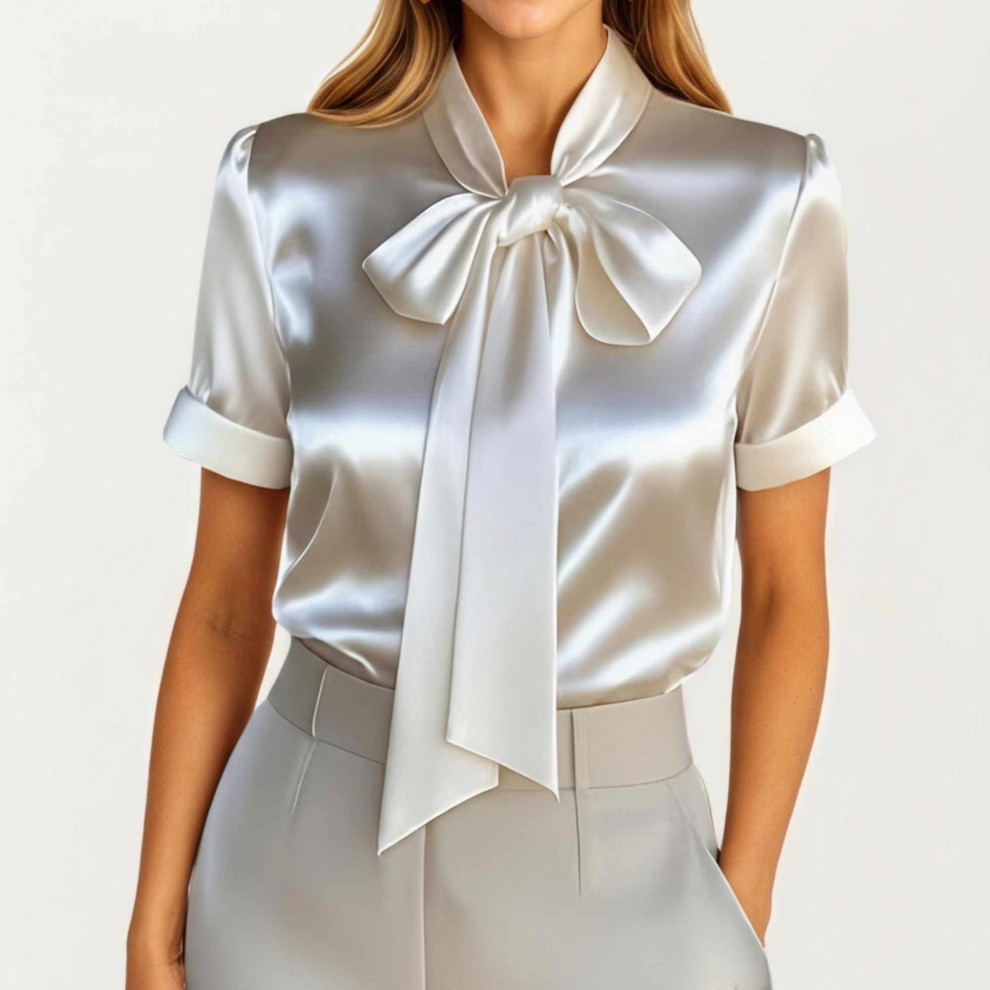 Anna-Kaci Women's Satin Bow Neck Blouse with Short Sleeves and Smooth Draped Finish