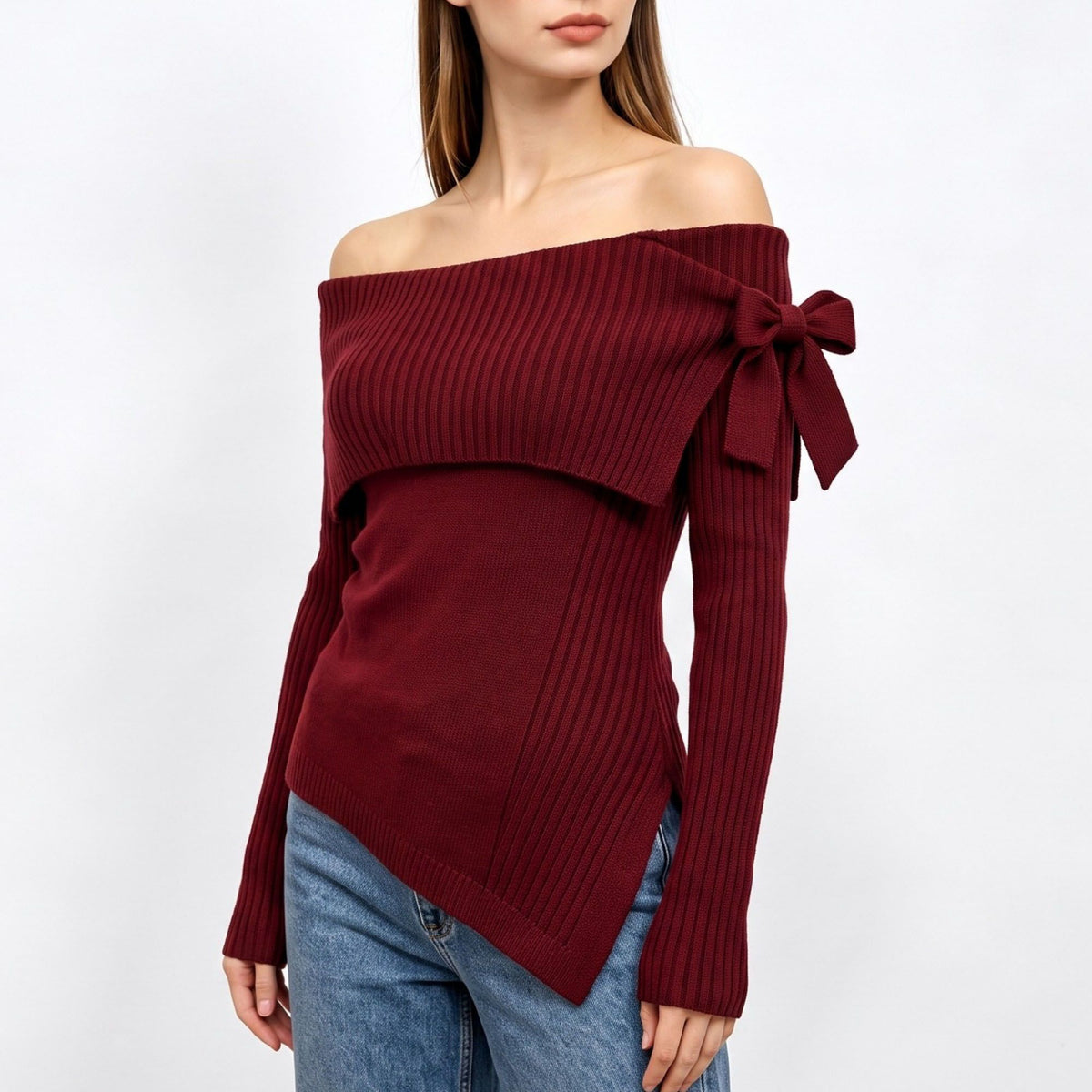 Off Shoulder Bow Asymmetrical Knit Sweater