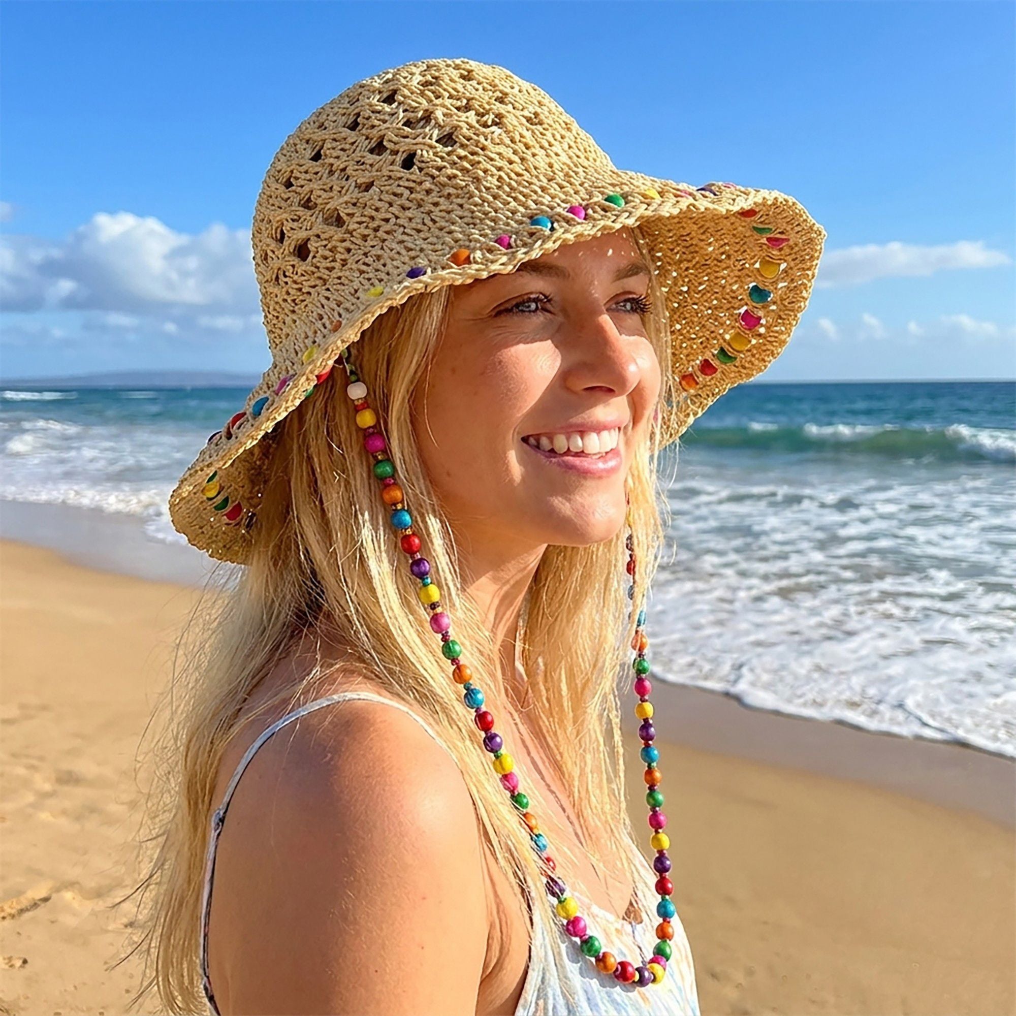 Crochet Bucket Sun Hat with Beaded Chin Strap and Open Weave Brim