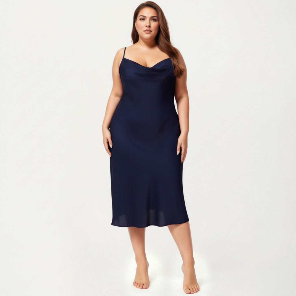 Anna-Kaci Lounge Women's Plus Size Satin Slip Nightgown with Adjustable Spaghetti Straps Midi Length Relaxed Fit Sleepwear Dress