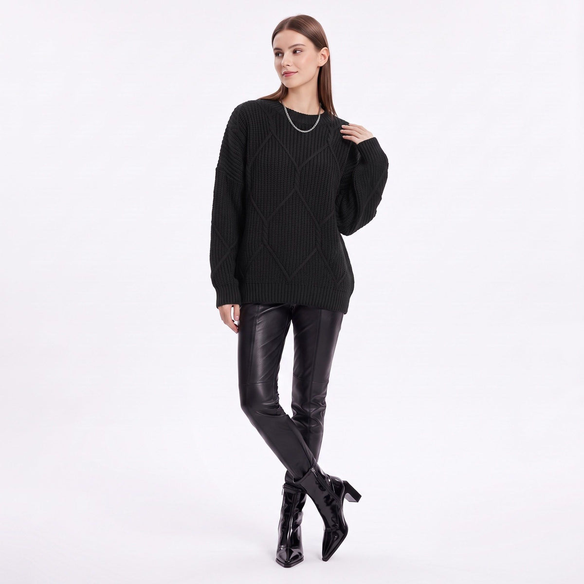 Geometric Textured Crewneck Pullover Sweater