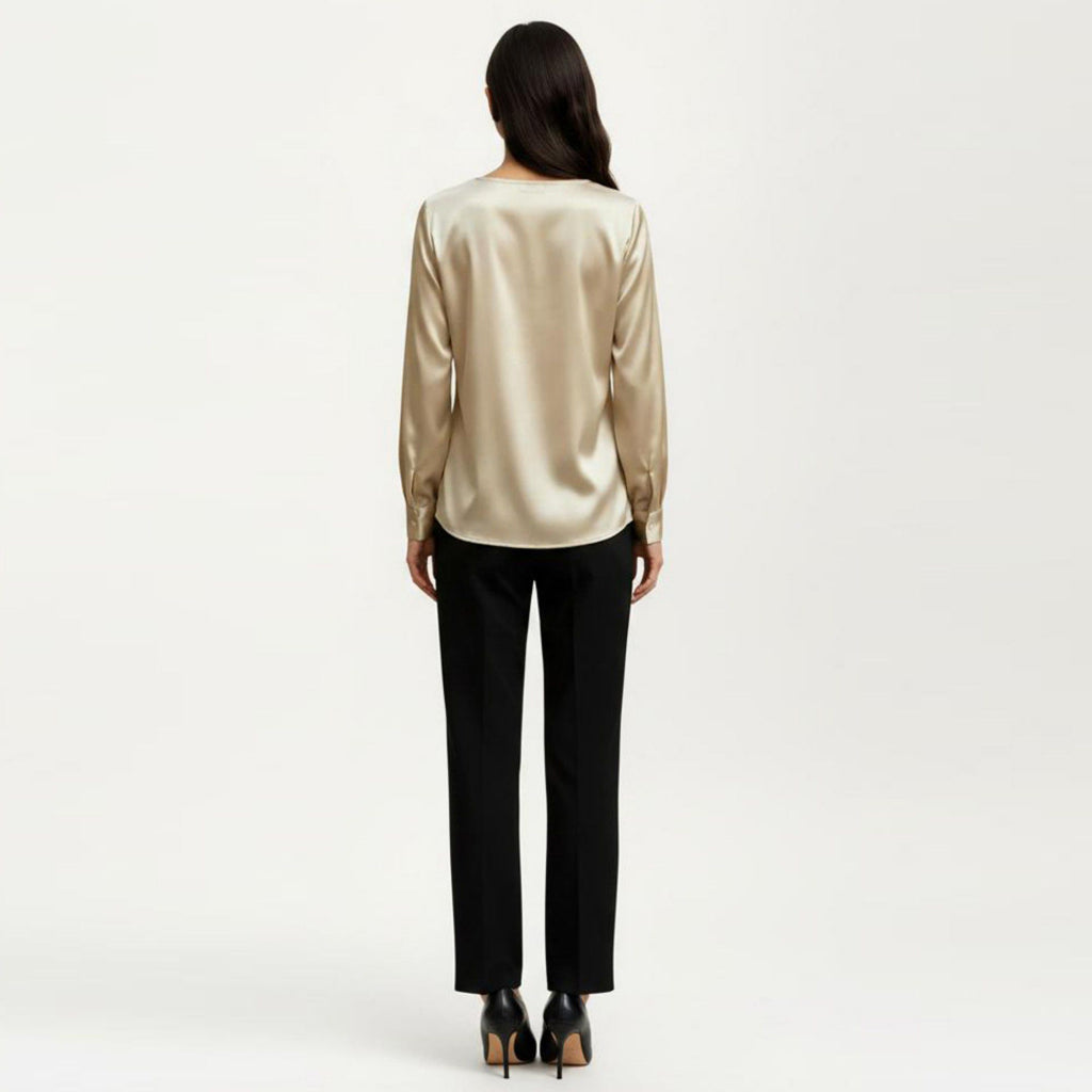 Anna-Kaci Women's Satin V-Neck Blouse with Long Balloon Sleeves and Wide Cuffs
