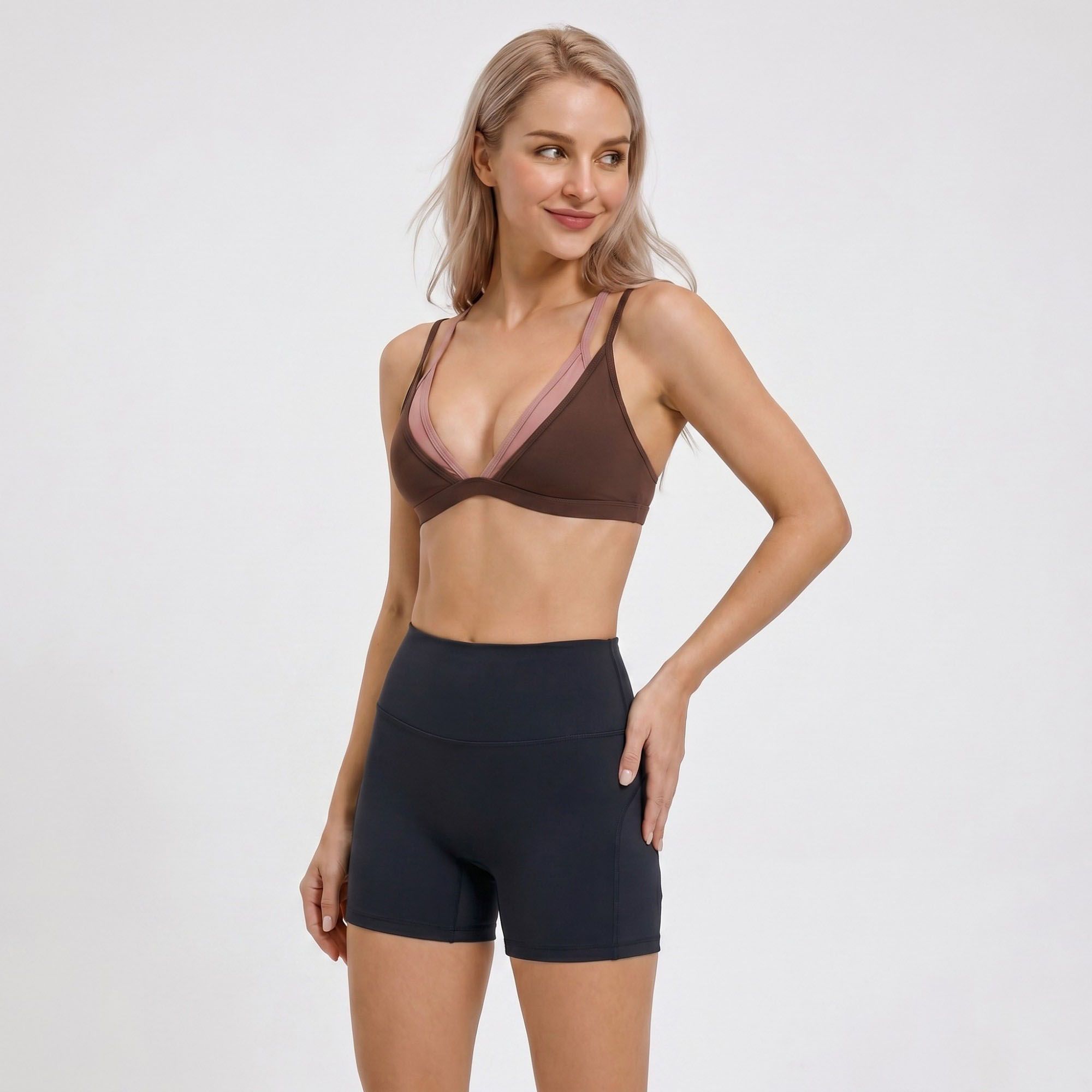 Padded Double Strap V Neck Sports Bra Tank Top Contrast Trim Workout Yoga Crop Top