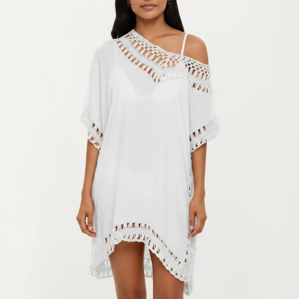 Anna-Kaci Women's Swim Cover Up Dress with Crochet Trim Short Sleeves Relaxed Lightweight Beach Caftan