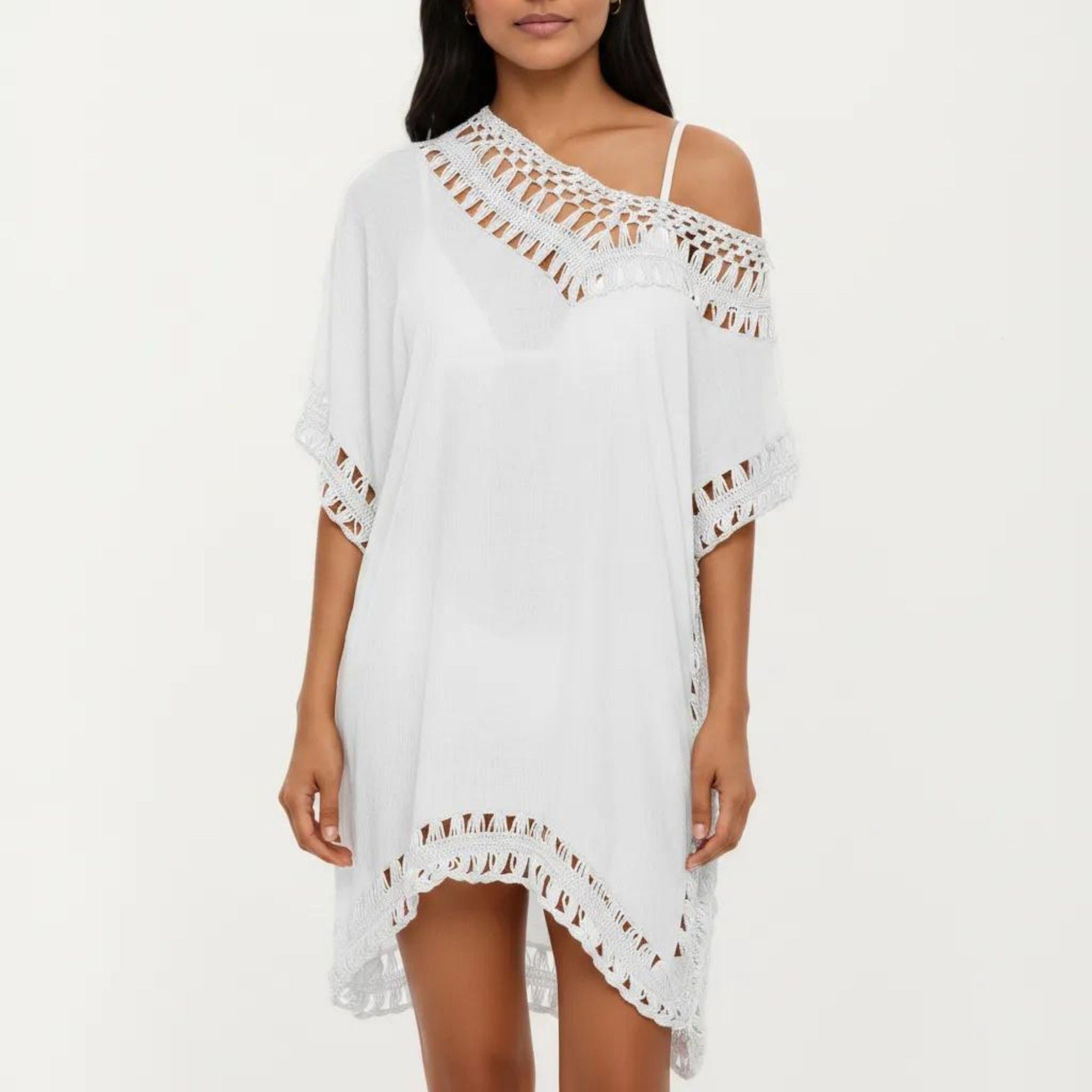 Anna-Kaci Women's Swim Cover Up Dress with Crochet Trim Short Sleeves Relaxed Lightweight Beach Caftan