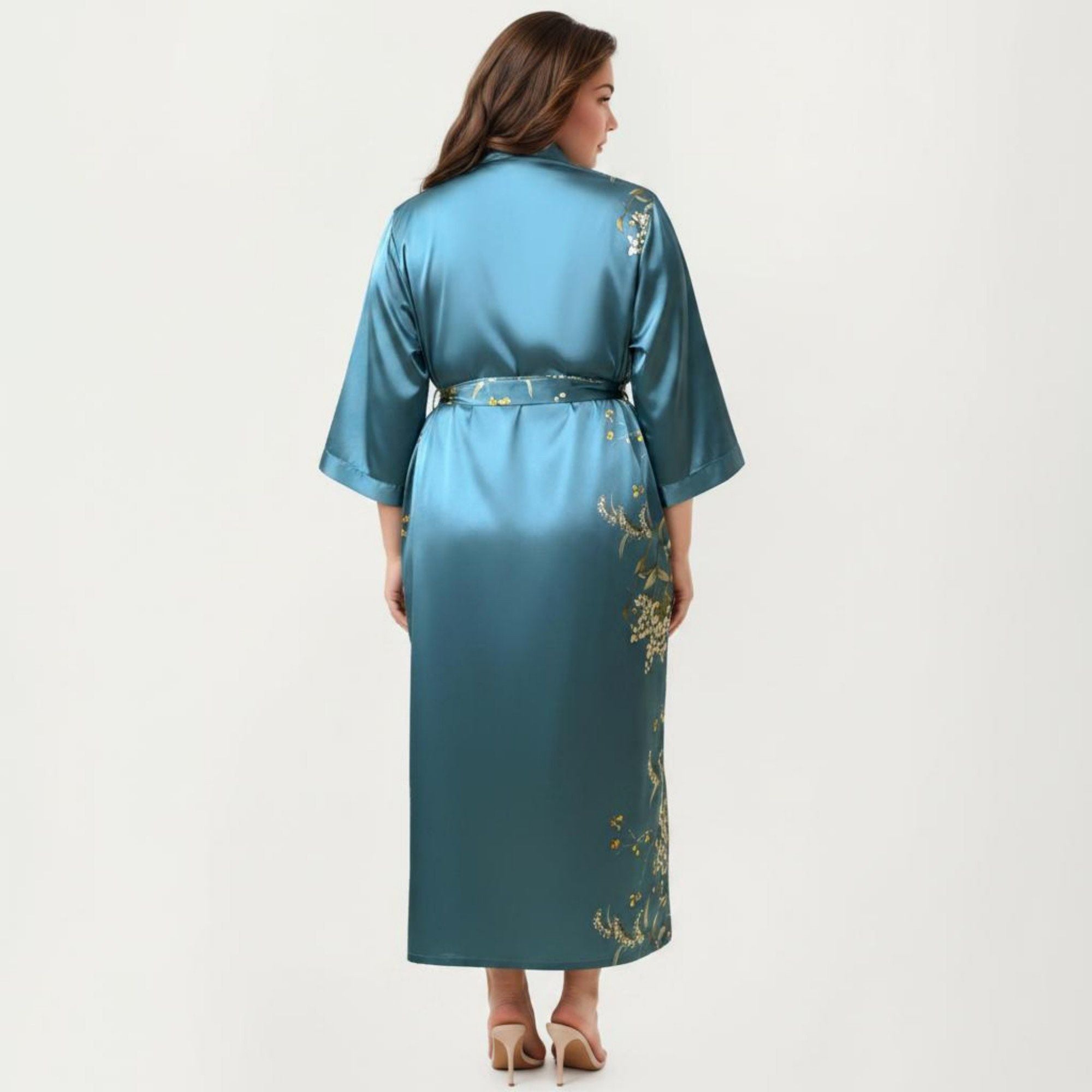 Anna-Kaci Lounge Women's Plus Size Satin Floral Kimono Robe with Self Tie Belt Longline Open Front Lightweight Sleepwear