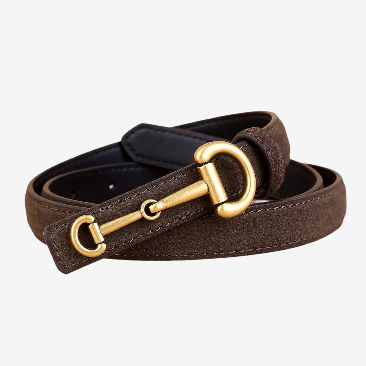 Suede Leather Skinny Belt with Equestrian Gold Tone Buckle 39.4in