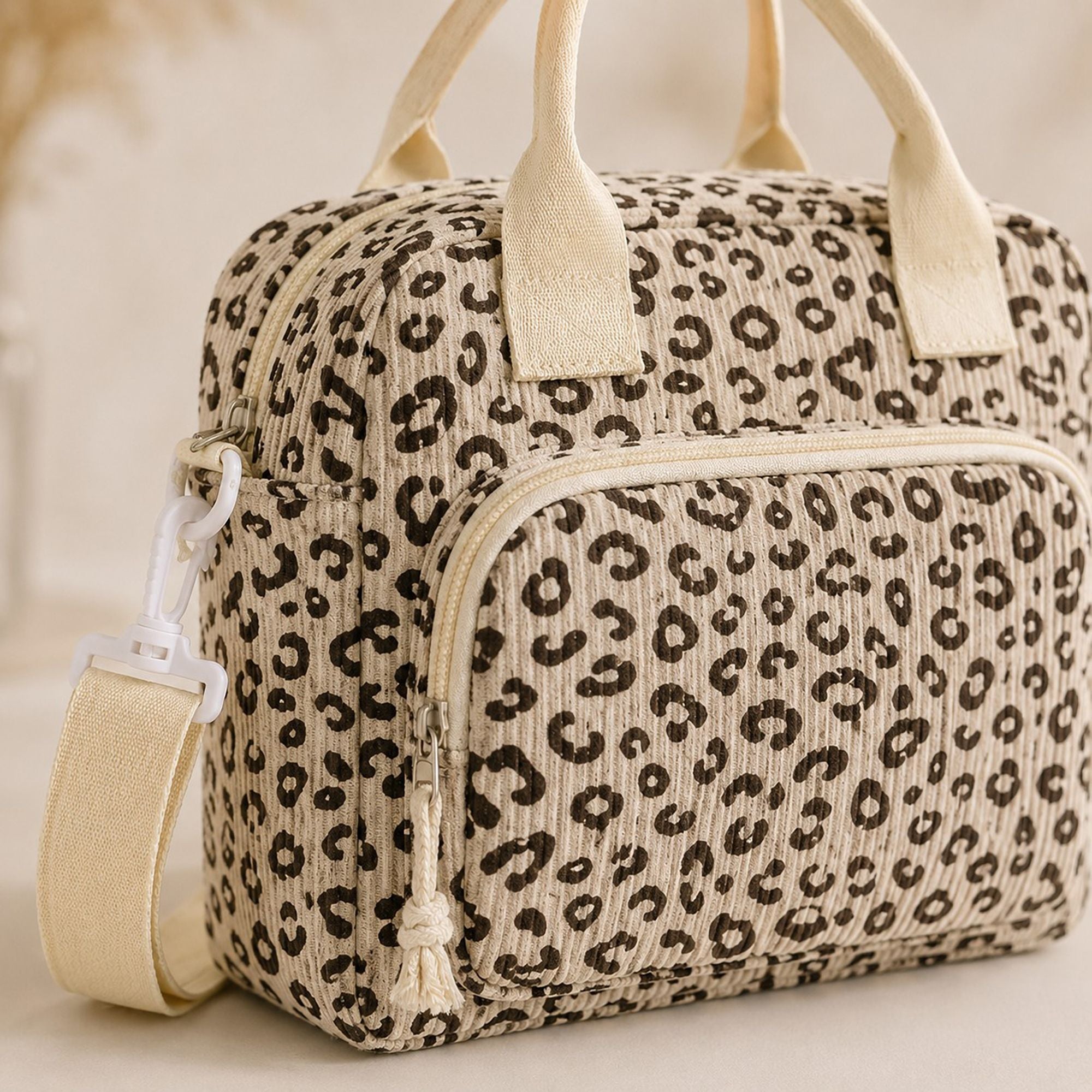 Printed Corduroy Lunch Bag with Adjustable Shoulder Strap