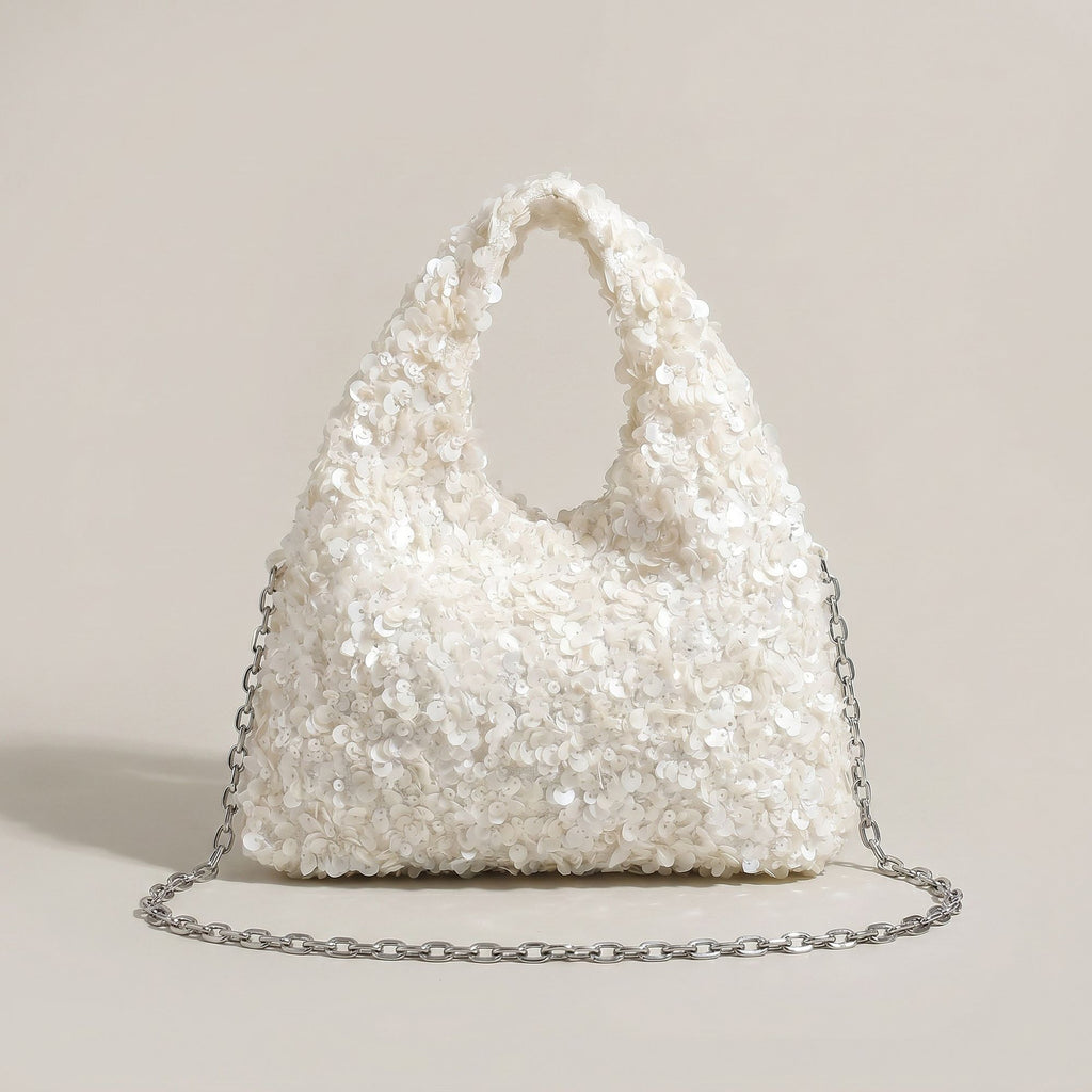 Sequin Top Handle Mini Bag with Round Cutout Handle and Chain Strap