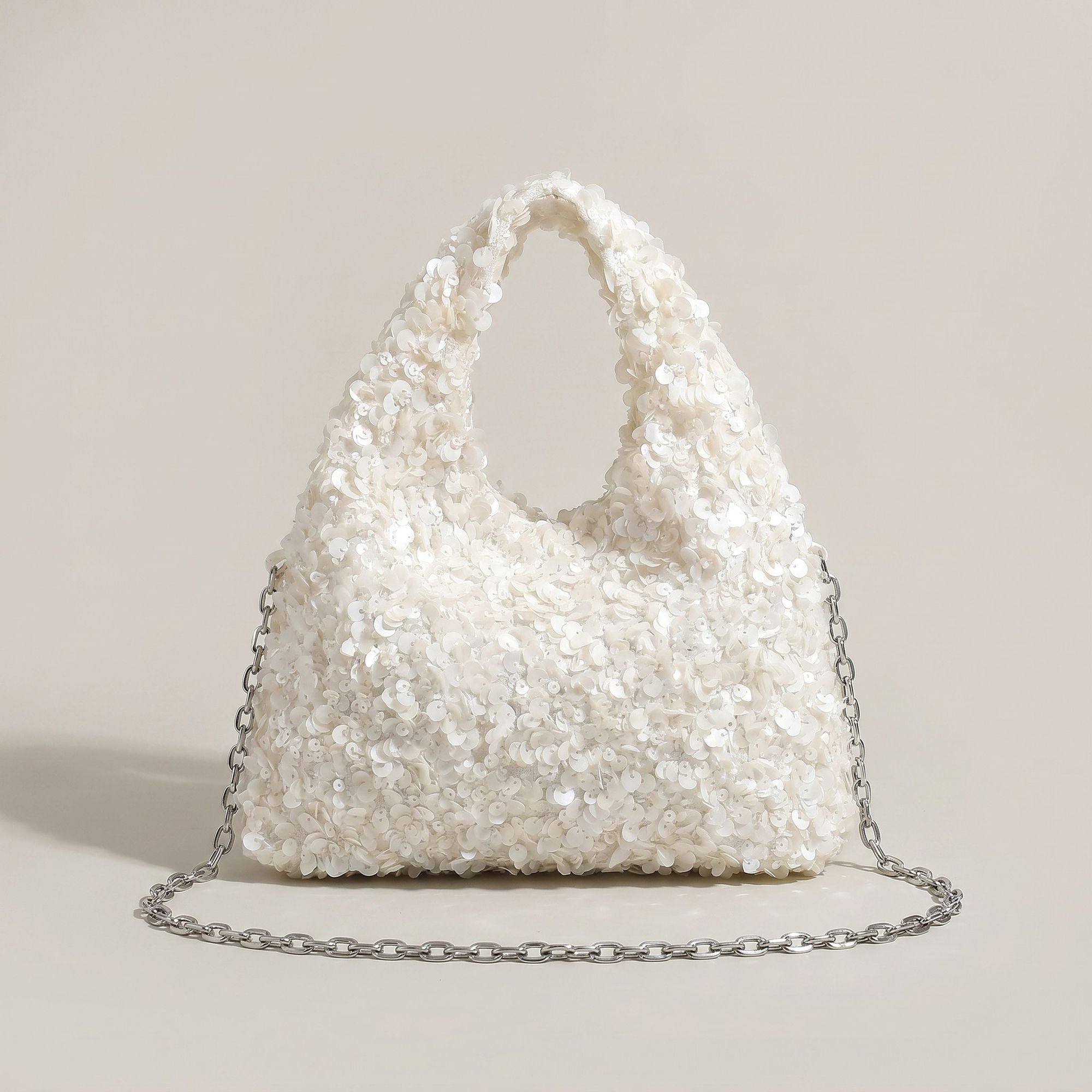 Sequin Top Handle Mini Bag with Round Cutout Handle and Chain Strap