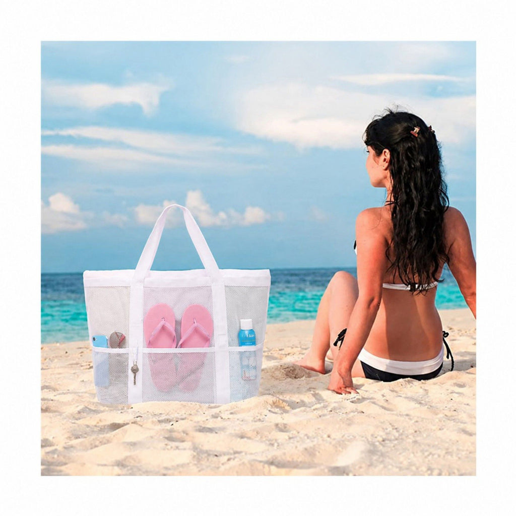 Mesh Beach Tote Bag Large Capacity Travel Shoulder Bag with Exterior Pockets Zipper Top Organizer