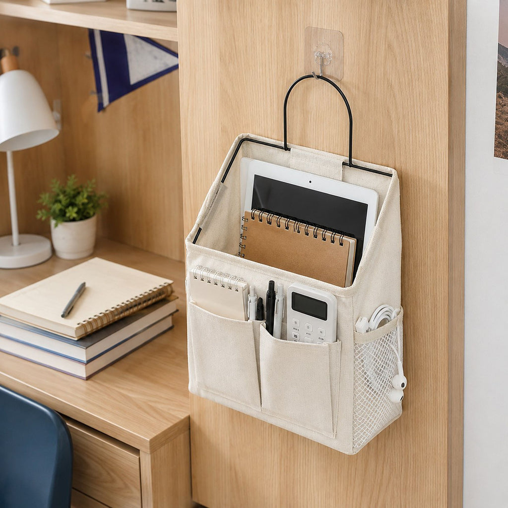 Hanging Bedside Storage Caddy with Metal Frame and Multiple Pockets Bed Rail Organizer