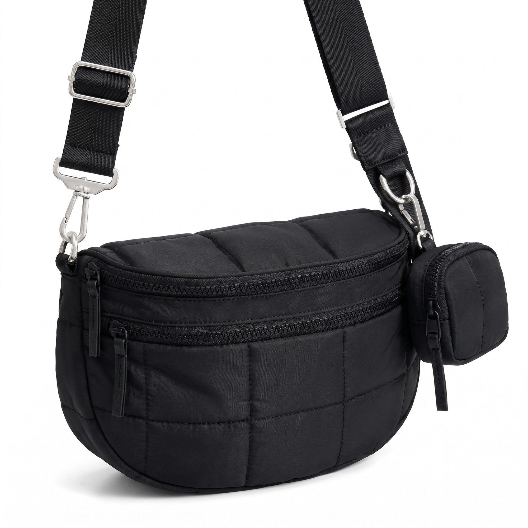 Grid Padded Saddle Crossbody Bag with Detachable Mini Pouch and Adjustable Wide Shoulder Strap 10.2x4.5x8.3in