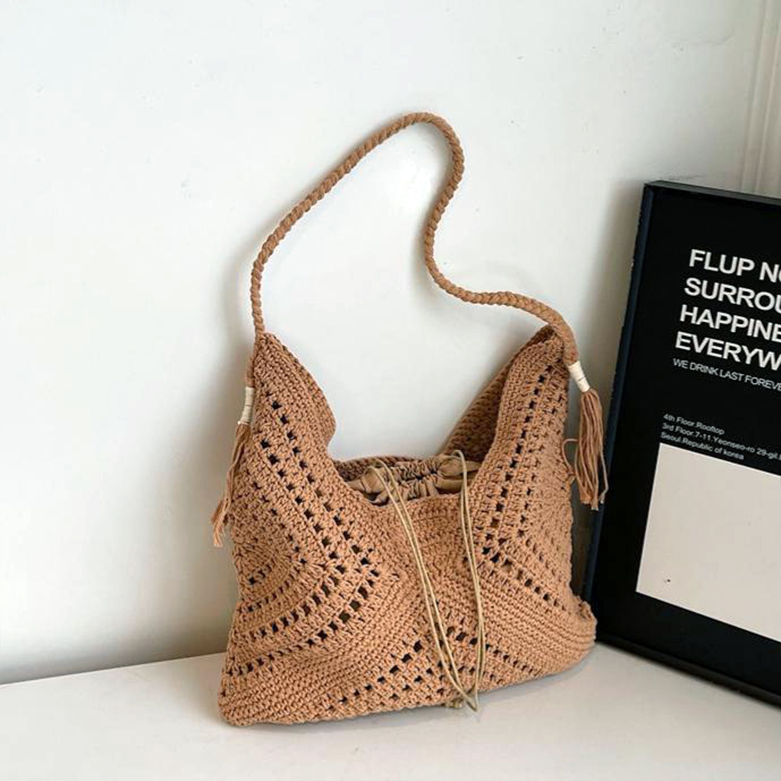 Woven Crochet Hobo Shoulder Bag with Tassel Detail Soft Knit Slouchy Tote Drawstring Style