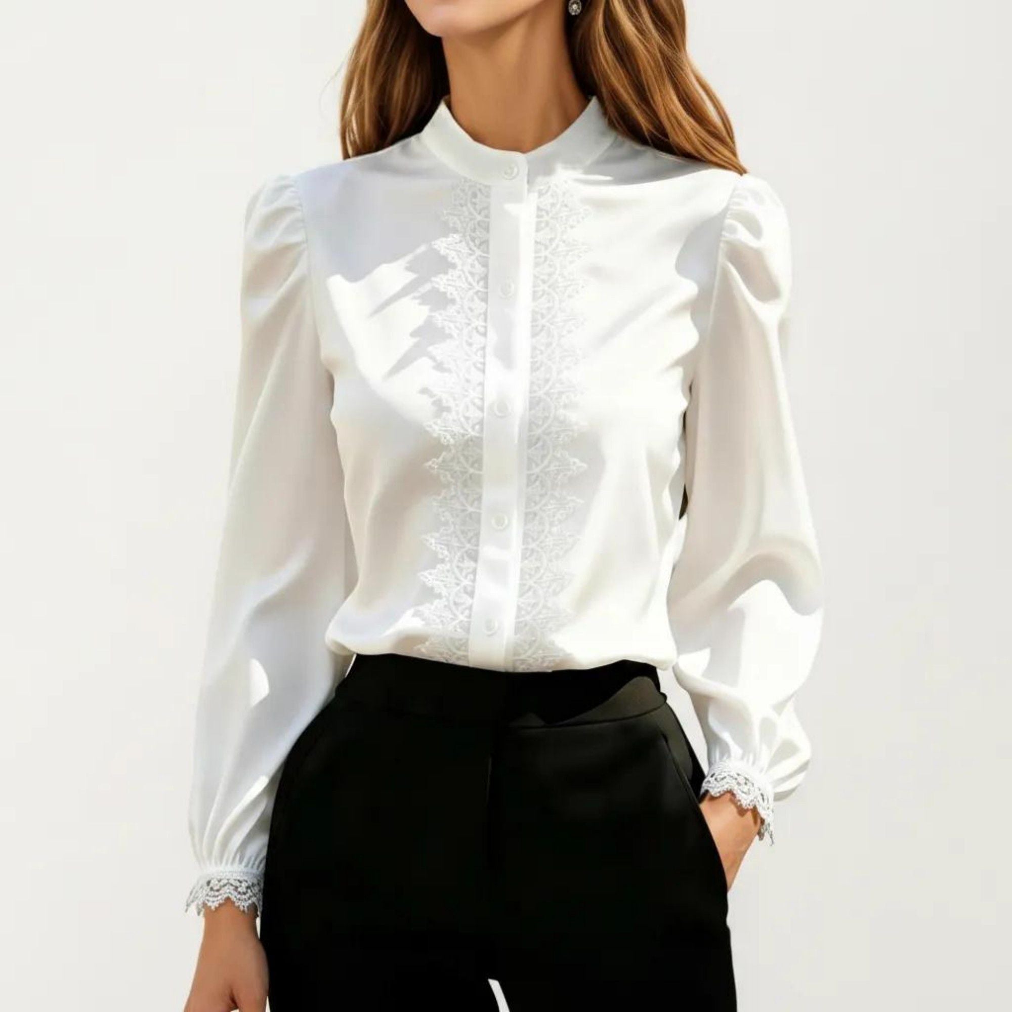 Anna-Kaci Women's Long Sleeve Blouse with Lace Trim Front and Puff Sleeve Cuffs