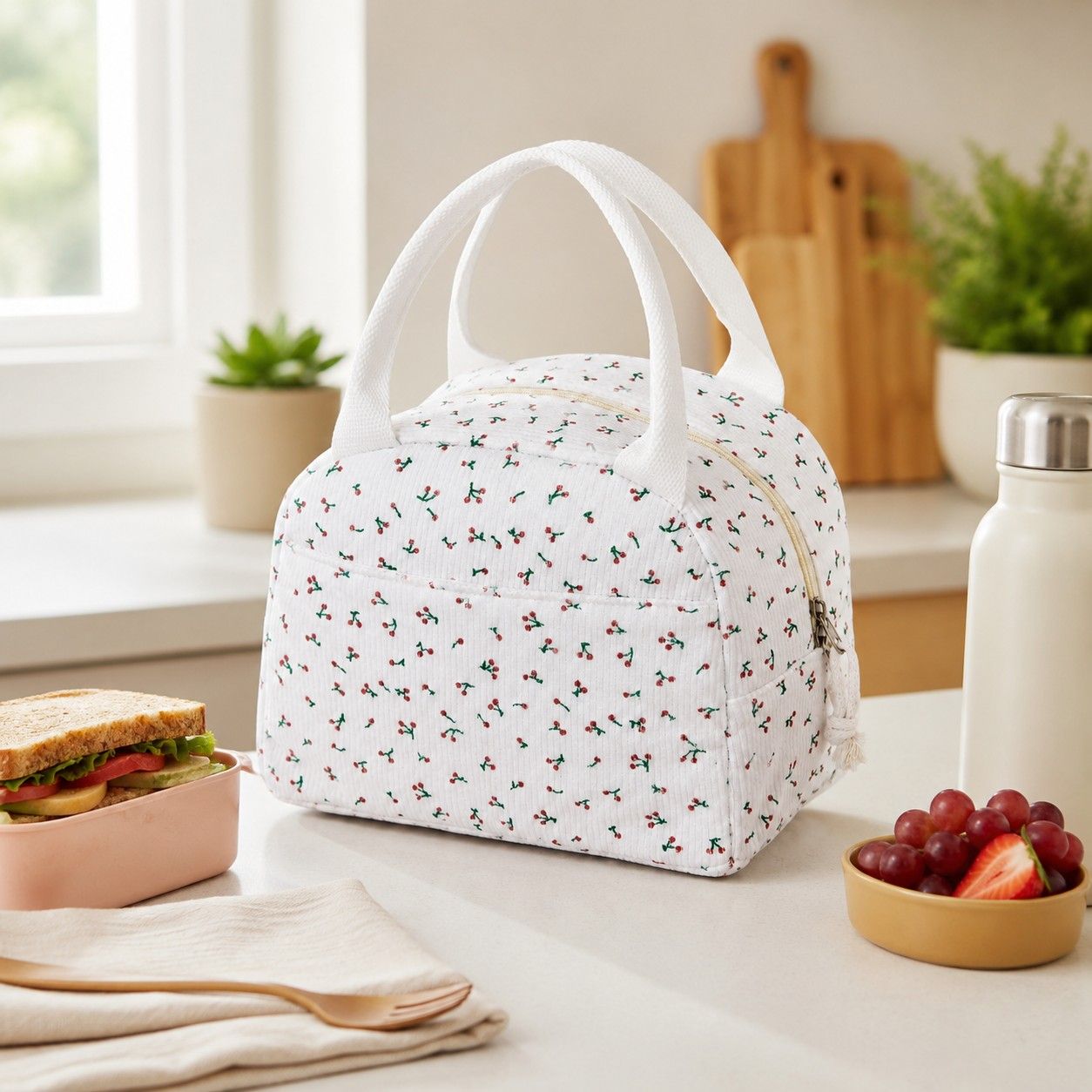 Printed Insulated Lunch Tote Bag with Double Handles and Zip Closure