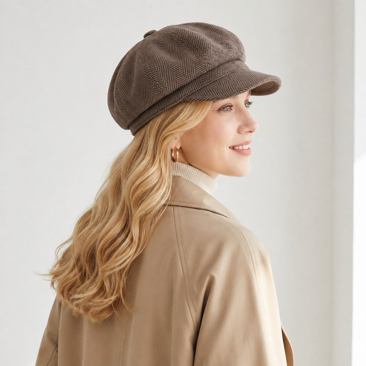 Herringbone Tweed Newsboy Cap Vintage Baker Boy Hat Adjustable