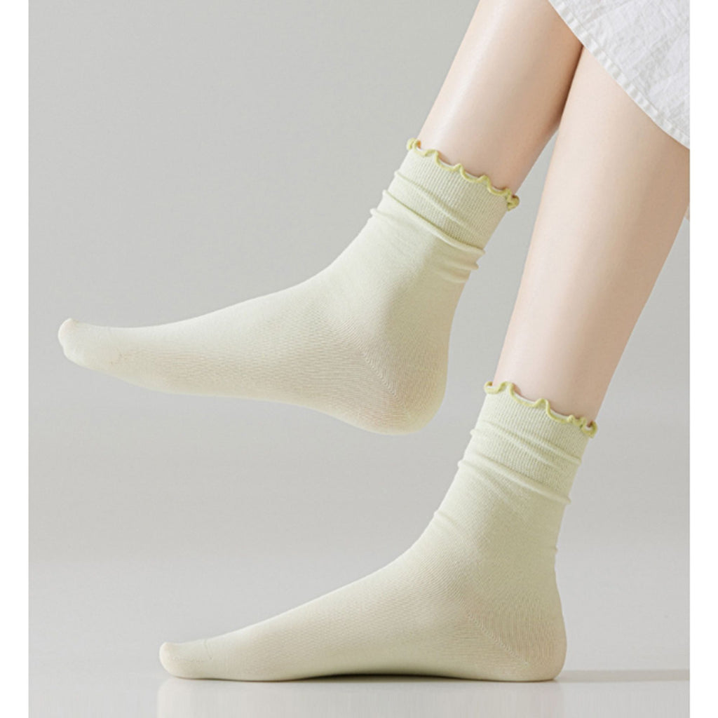 Anna-Kaci 4 Pairs Women's Ruffle Edge Crew Socks Soft Stretch Cotton Blend with High Elastic Cuffs in Assorted Solid Colors