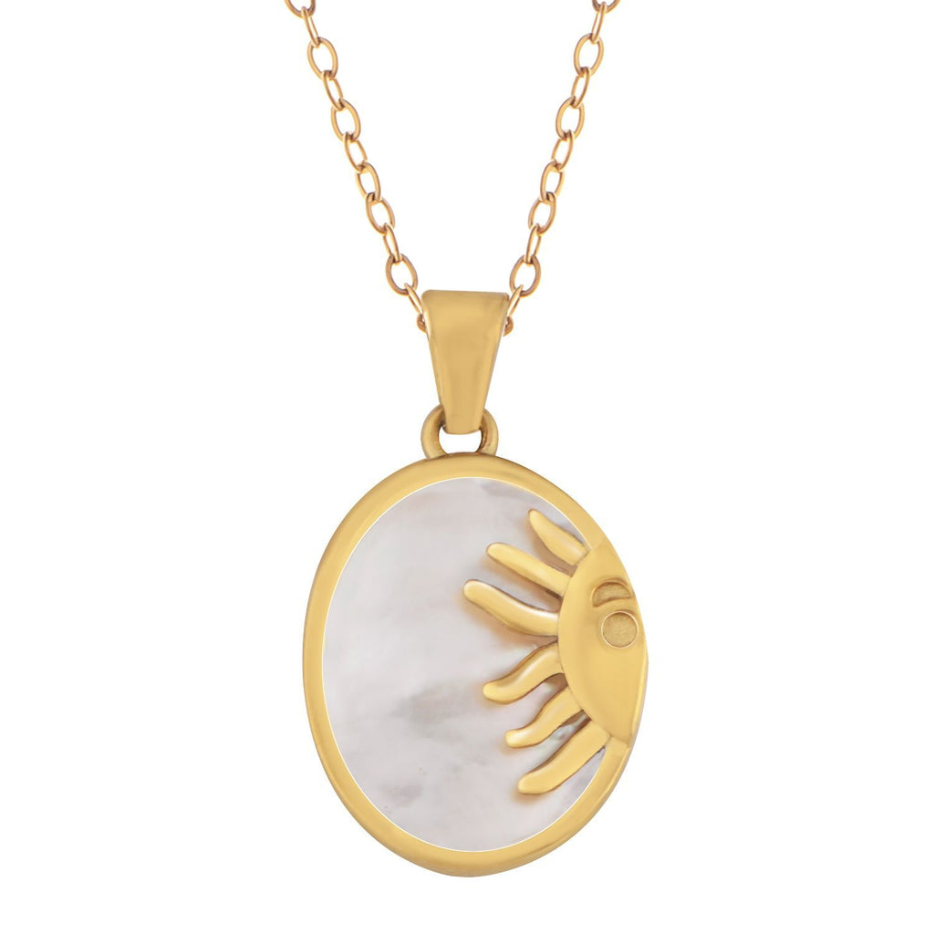 Women's Stainless Steel Necklace with 18K Gold Plated Sun and Moon Pendant, Adjustable Chain with Mother of Pearl