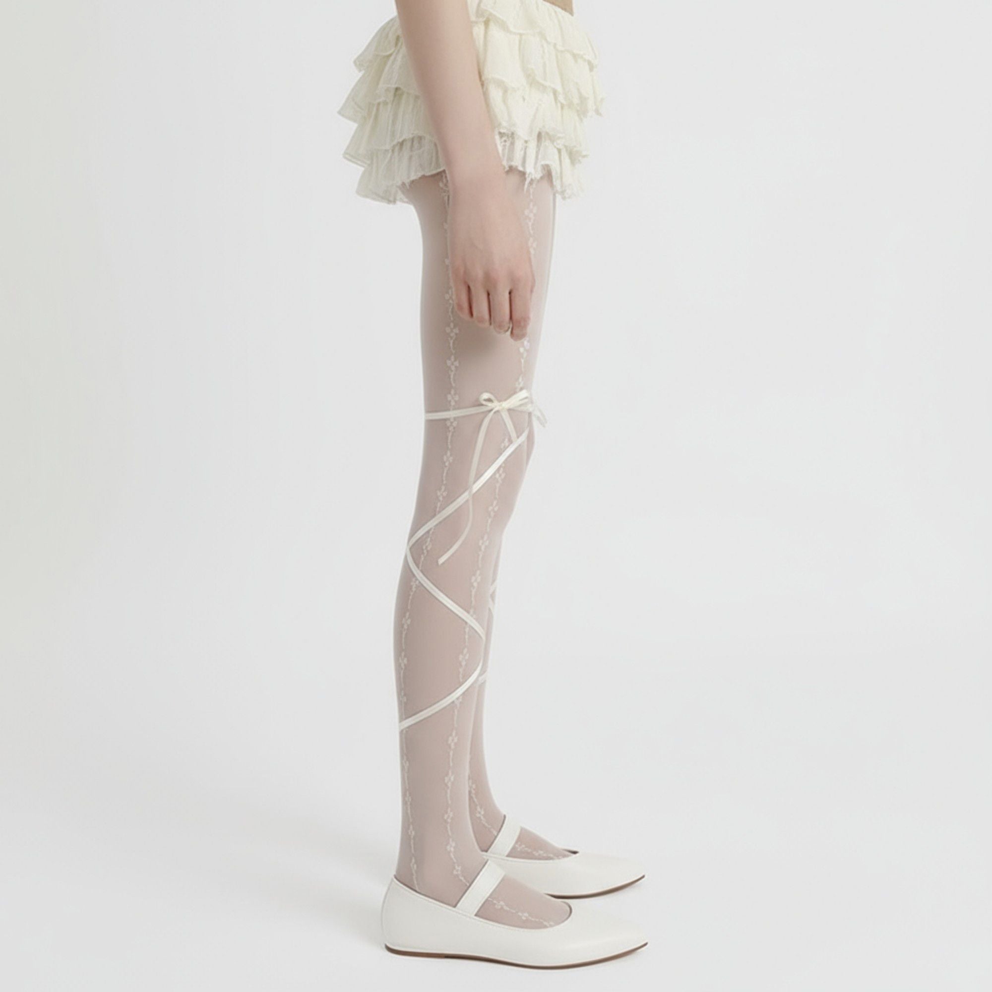 Anna-Kaci Women's Sheer Lace Pattern Tights with Ribbon Bow Wrap Detail and Stretch Fit
