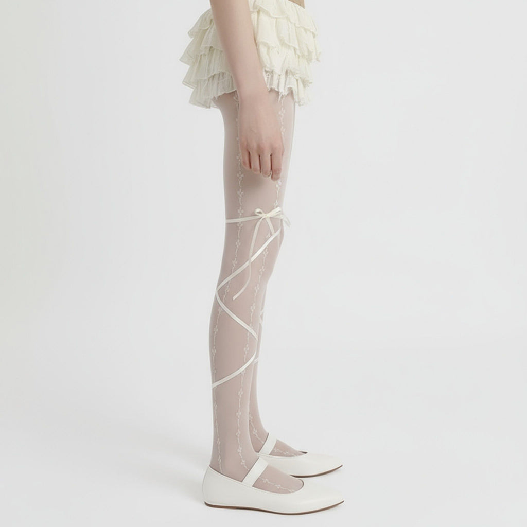Anna-Kaci 2pcs Women's Sheer Lace Pattern Tights with Ribbon Bow Wrap Detail and Stretch Fit
