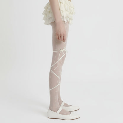 Anna-Kaci 2pcs Women's Sheer Lace Pattern Tights with Ribbon Bow Wrap Detail and Stretch Fit