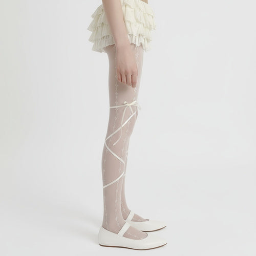 Anna-Kaci 2pcs Women's Sheer Lace Pattern Tights with Ribbon Bow Wrap Detail and Stretch Fit