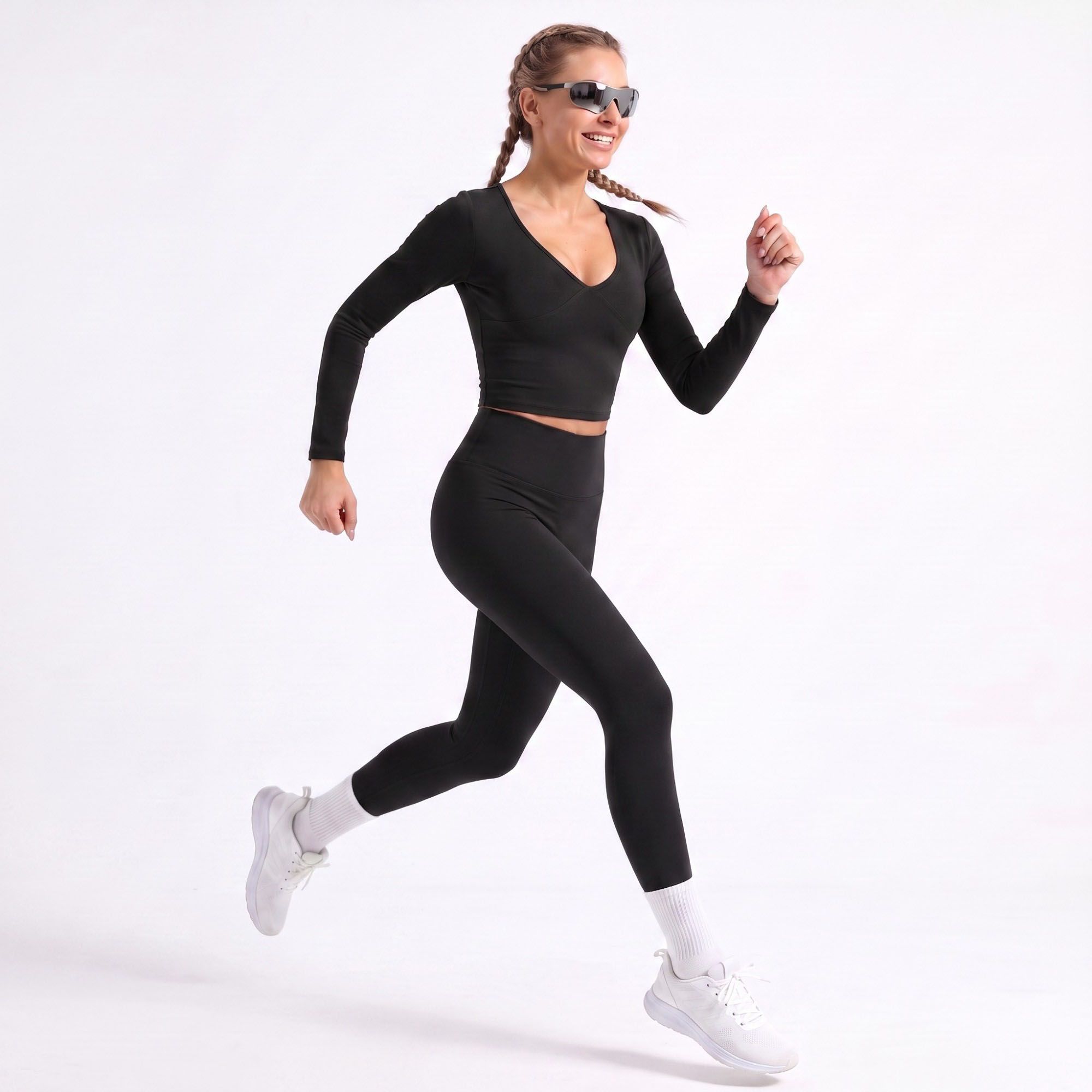 V Neck Long Sleeve Workout Crop Top Fitted Active Shirt
