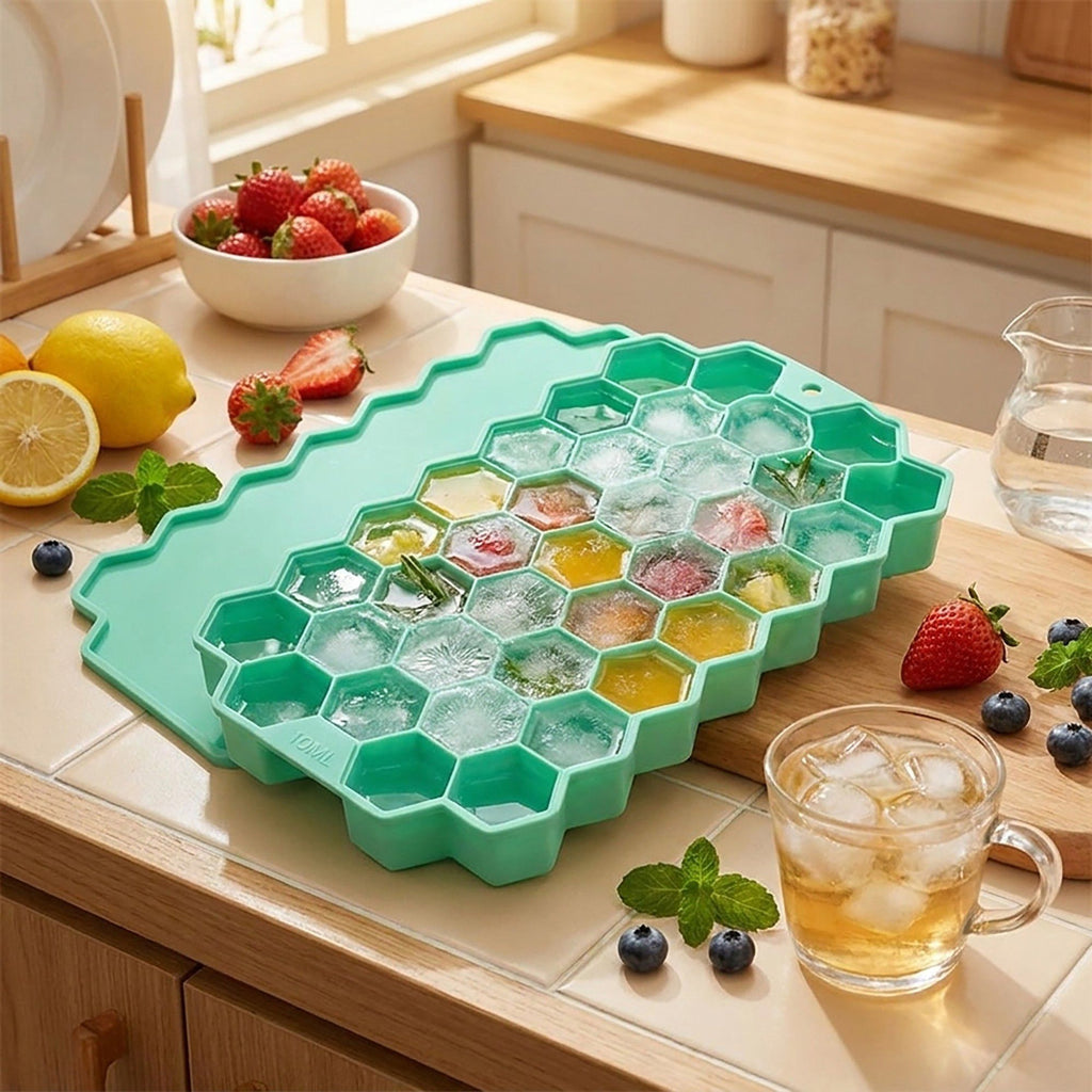 2-Piece Honeycomb Ice Cube Tray - 37-Grid Flexible Mold with Spill-Resistant Lid
