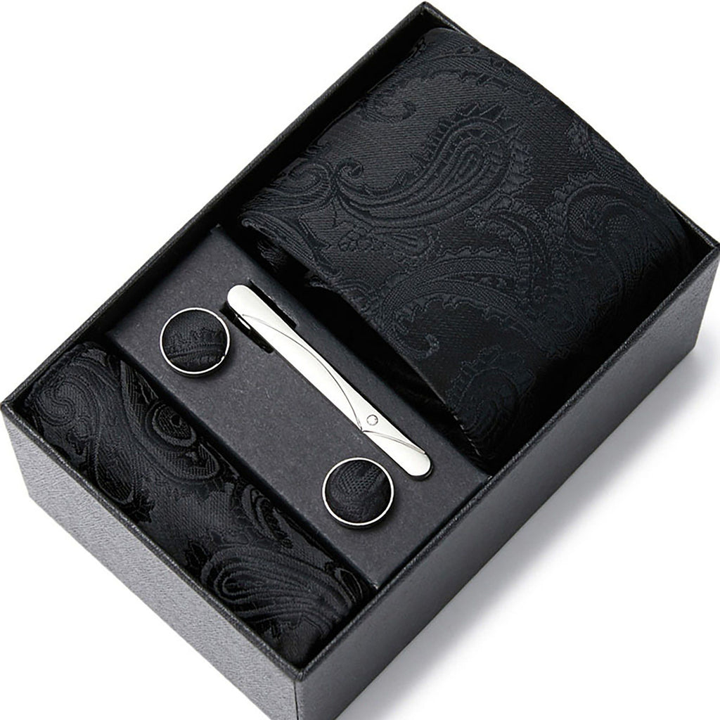 Men's Floral Pattern Tie Gift Set with Matching Pocket Square Cufflinks and Silver Tie Clip