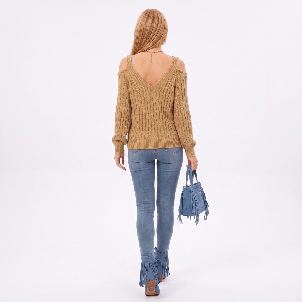 Cold Shoulder V Neck Cable Knit Long Sleeve Sweater