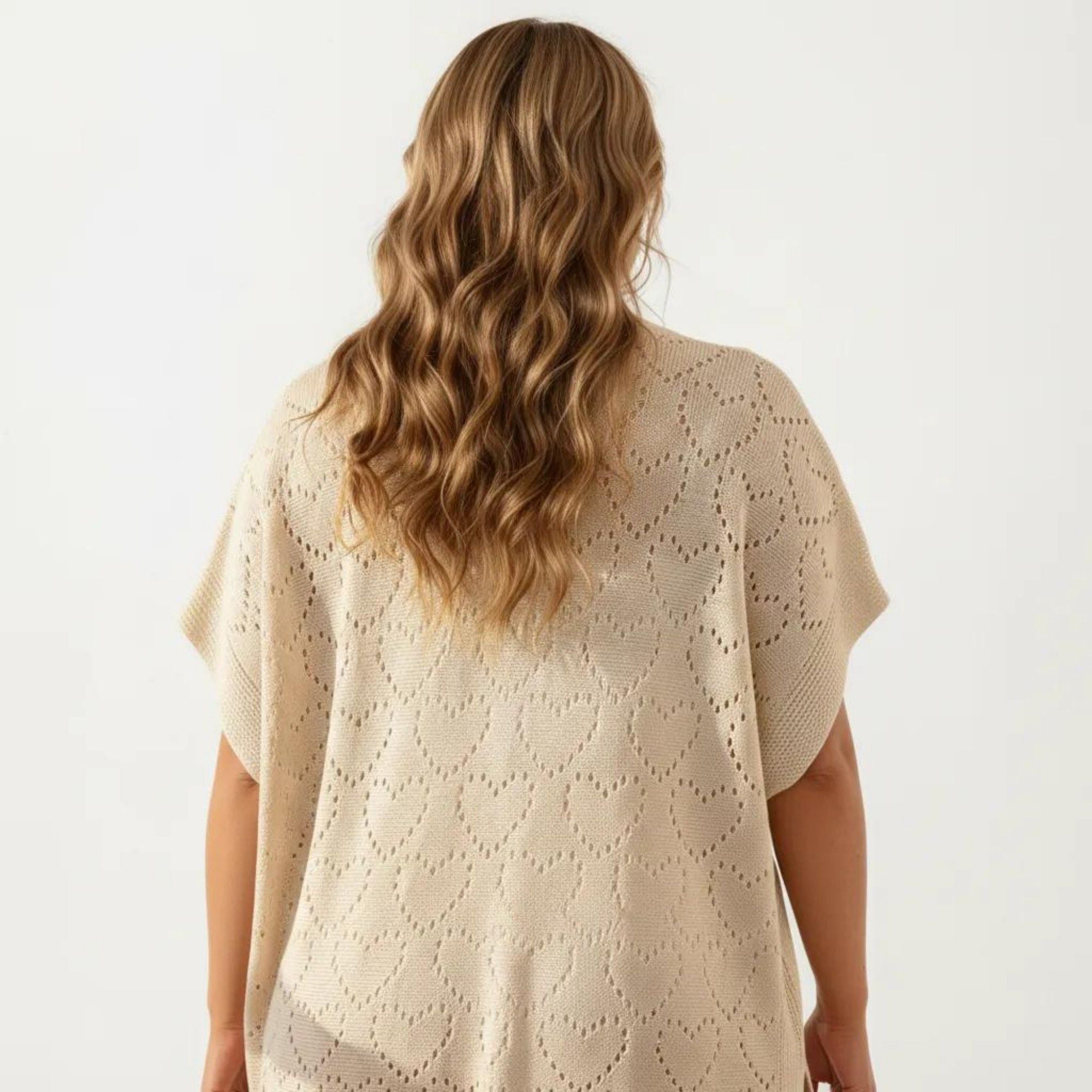Anna-Kaci Women's Open Front Knit Cardigan with Heart Pointelle Pattern Short Sleeves Relaxed Mid Length Fit