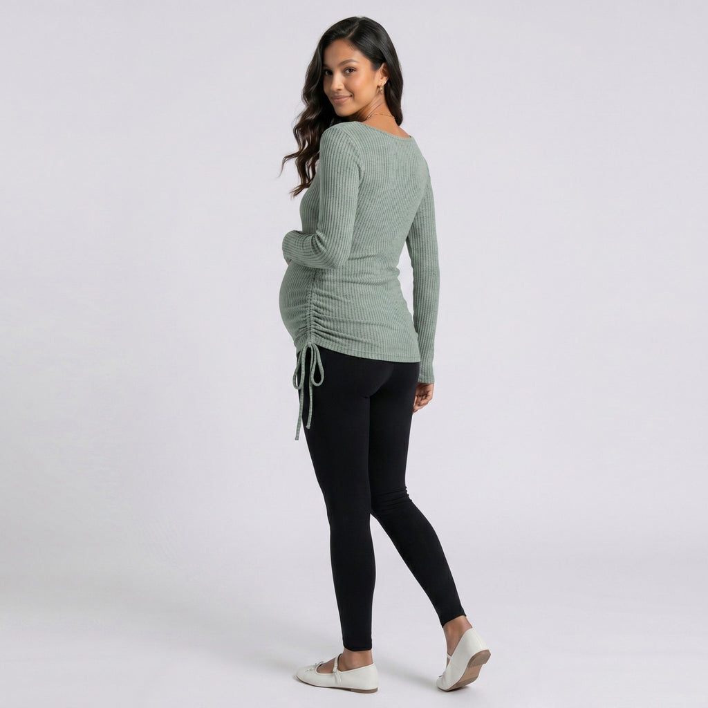 Anna-Kaci Women's Maternity Ribbed Long Sleeve Top with Scoop Neck and Side Ruched Tie Detail