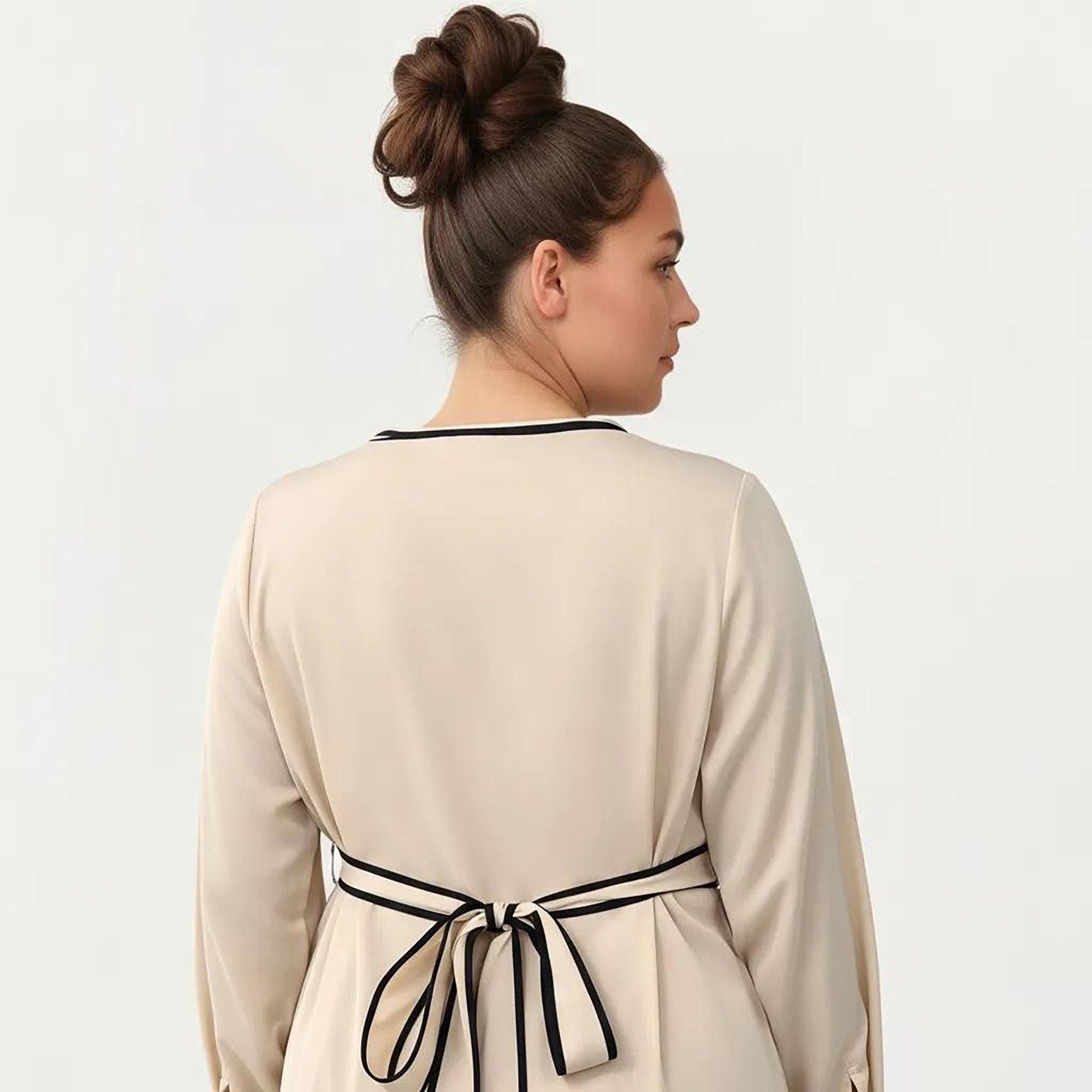 Anna-Kaci Women's Plus Size Long Sleeve Button Front Maxi Dress with V Neckline Contrast Trim and Defined Waist Detail