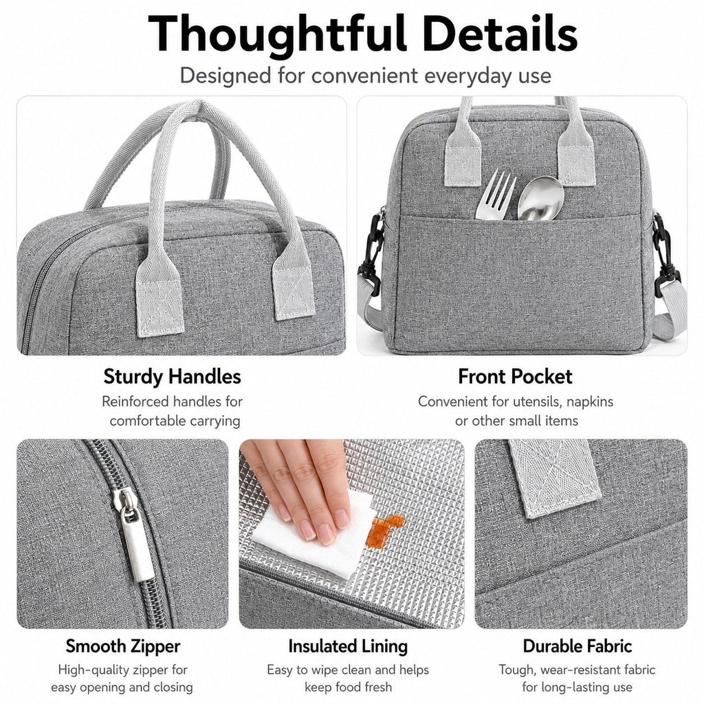 Insulated Lunch Tote Bag with Front Pocket and Adjustable Shoulder Strap