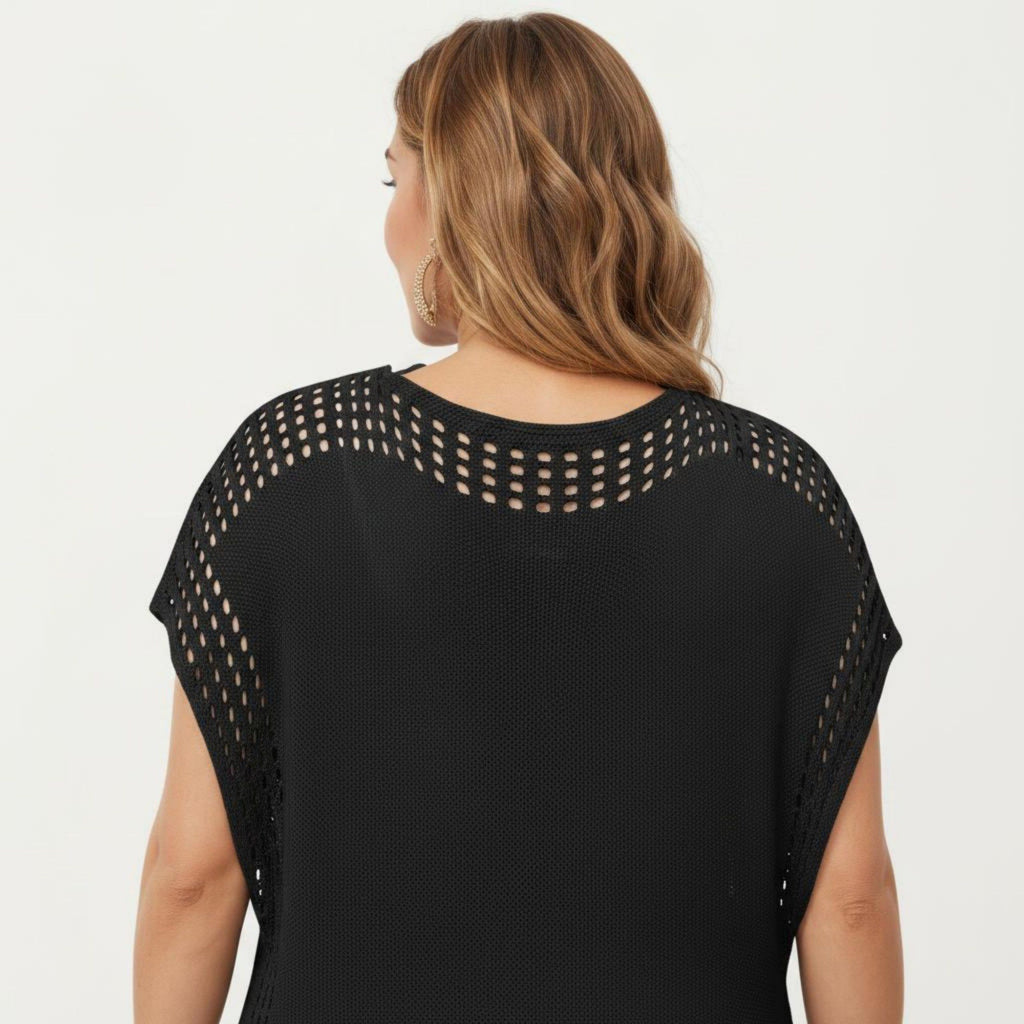 Anna-Kaci Women's Knit Swim Cover Up Dress with Tassel Tie Neck Open Knit Trim and Relaxed Short Sleeves