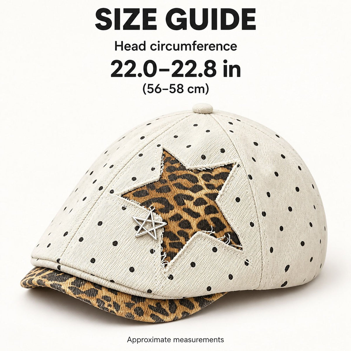 Polka Dot Newsboy Cap with Leopard Print Star and Charm