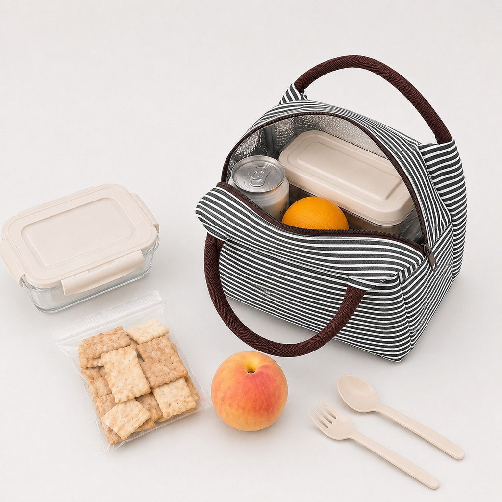 Insulated Striped Lunch Bag Reusable Soft Cooler Tote for Work School Picnic