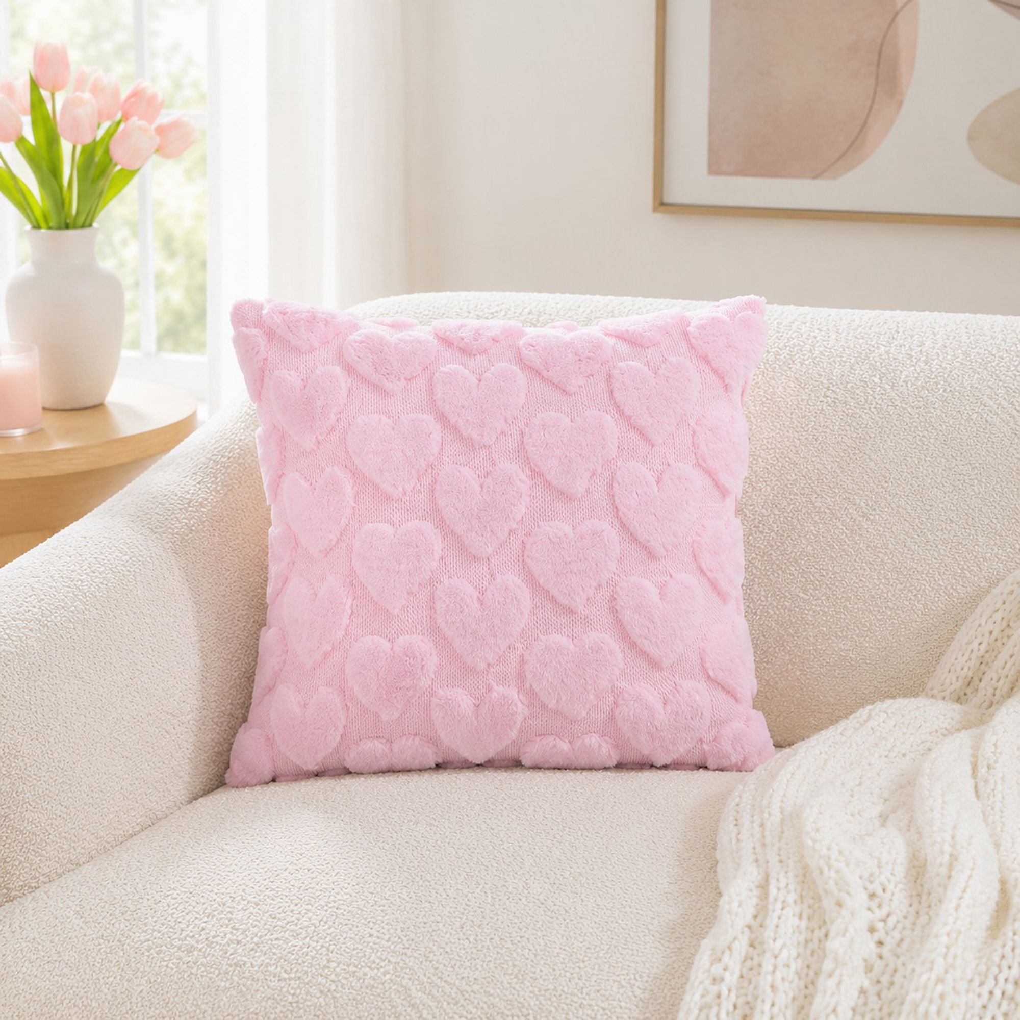 Plush Heart Textured Throw Pillow Cover for Couch Bed and Chair