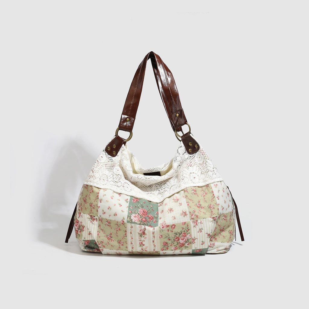 Patchwork Shoulder Bag with Crochet Lace Detail and Faux Leather Straps